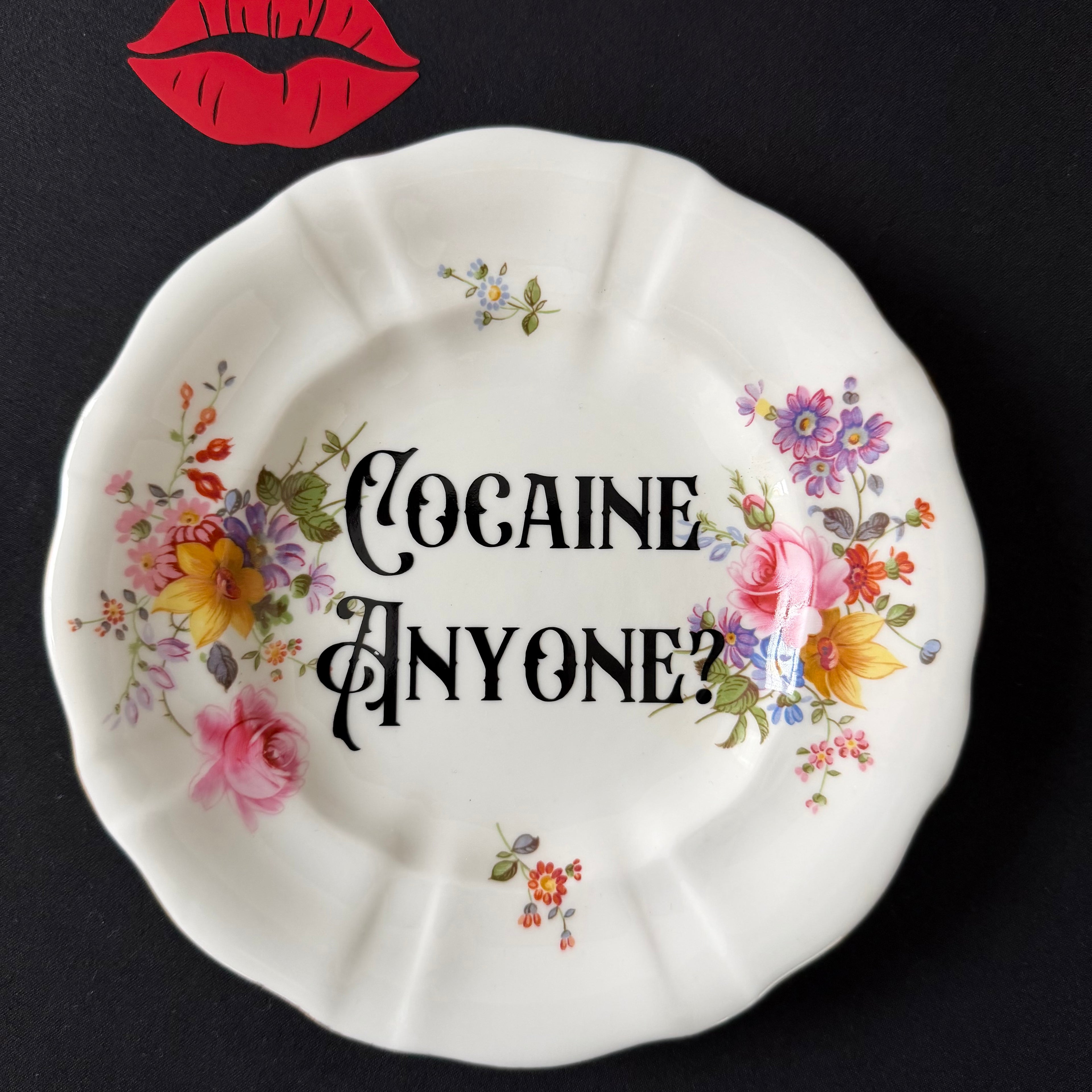 Cocaine Anyone? Hand Decorated Vintage Bone China Plate, Decorative Gift, Home Decor