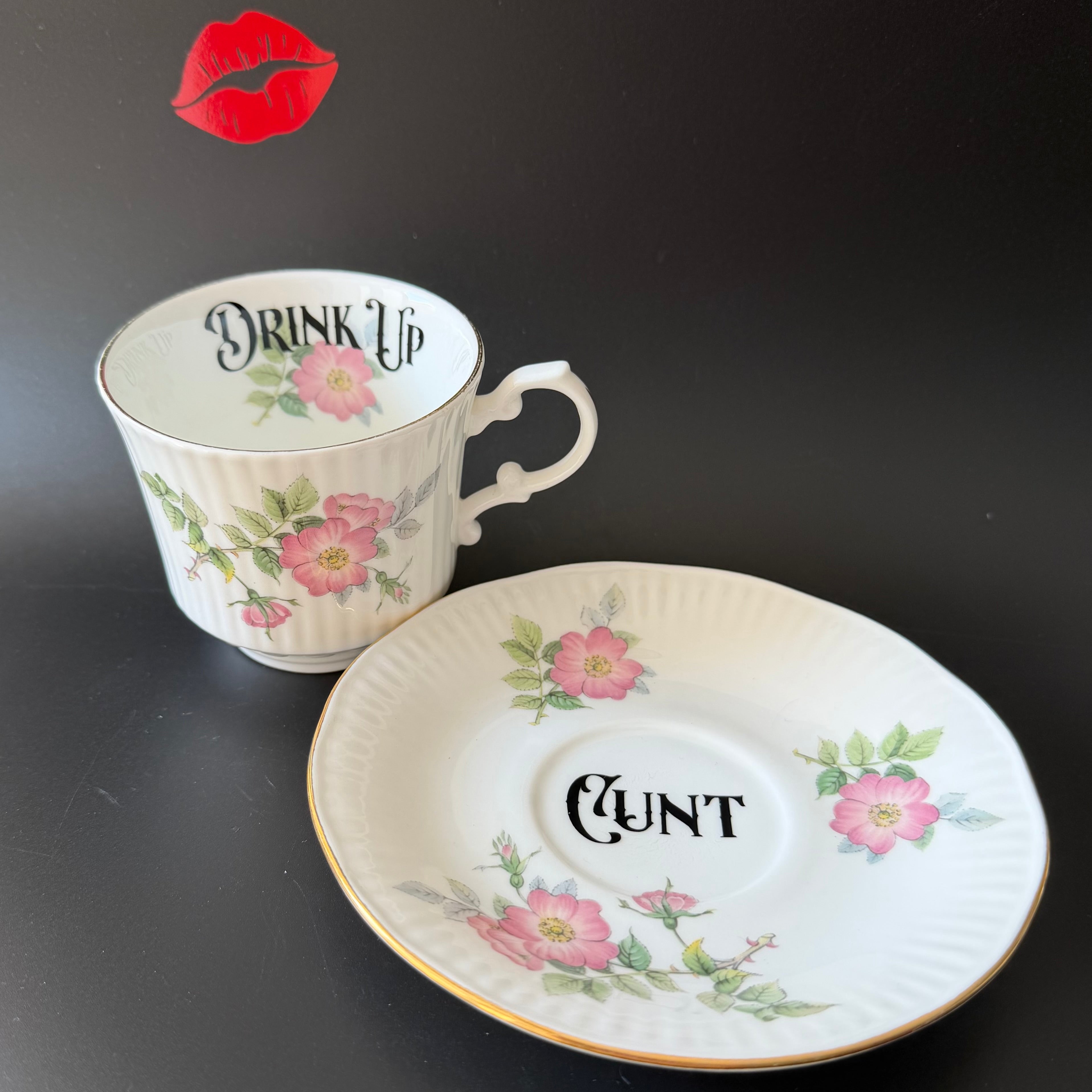 Drink up, Cunt Funny Vintage Bone China Cup & Saucer, Hand Decorated Sweary Tea Cup, Dark Humour Decor Home Decor