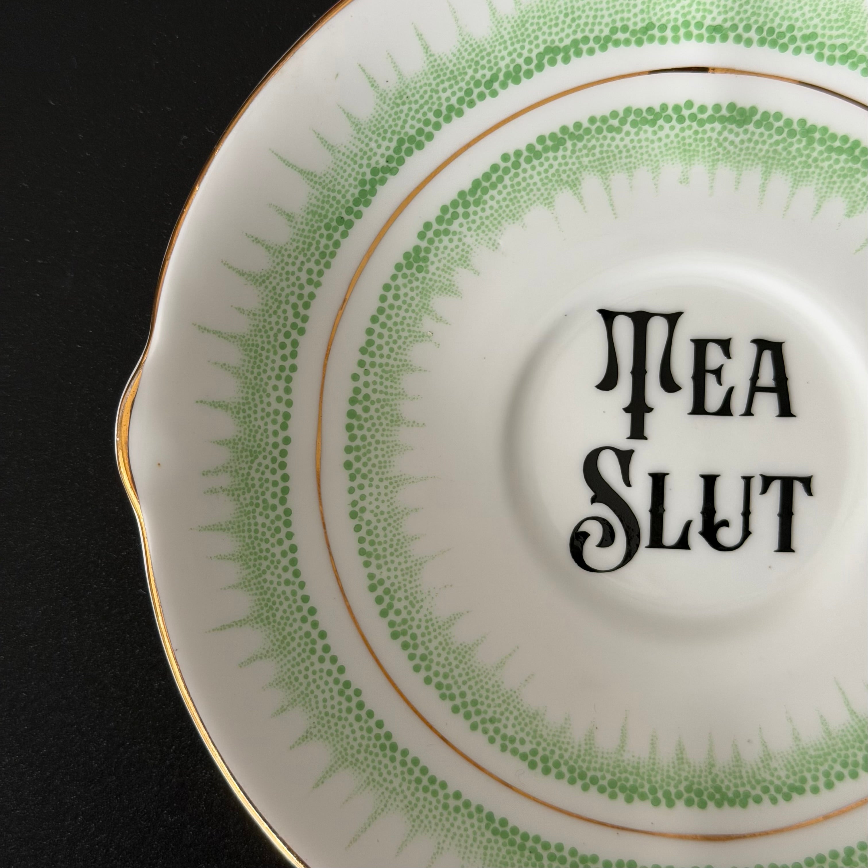 Vintage Bone China Saucer, Tea Slut in Black Vinyl, Cheeky Floral Saucer