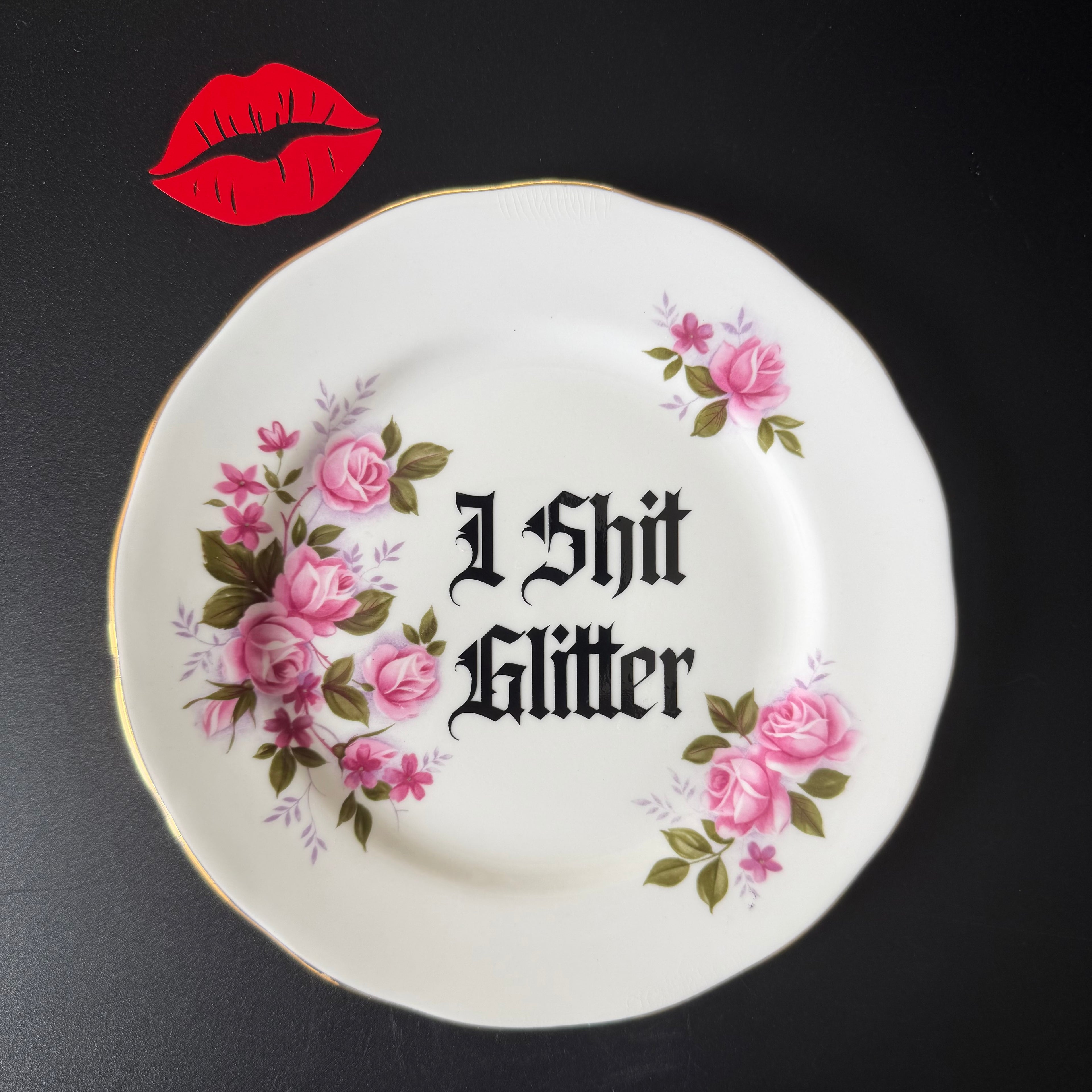 I Shit Glitter Gothic Black Vintage Bone China Plate, Funny Decorative Gift, Home Decor