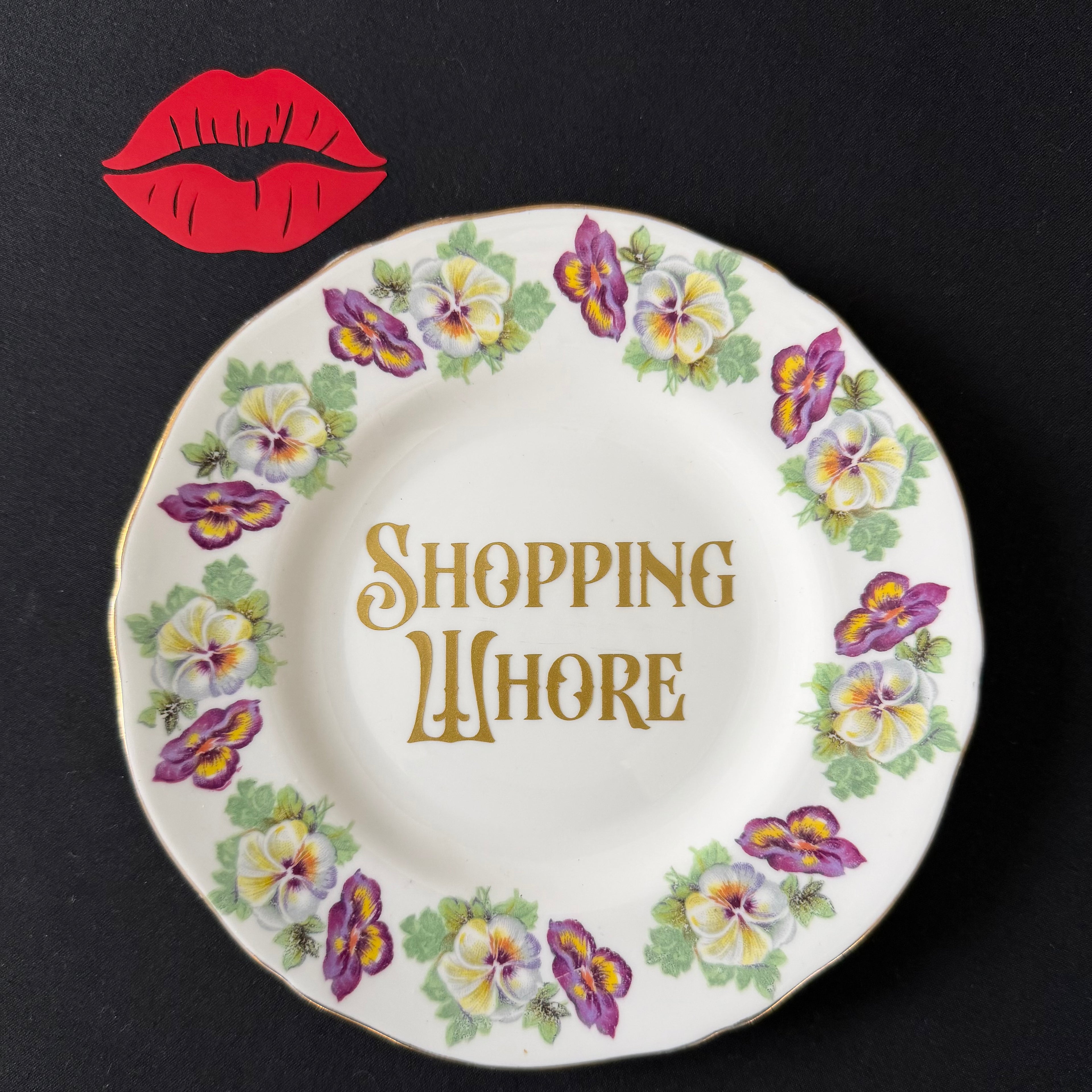 Shopping Whore, Hand Decorated Vintage Bone China Plate, Decorative Gift, Home Decor