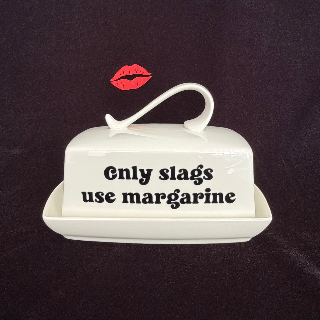 Rude Butter Dish, Only Slags Use Margarine, White China Dish,  Kitchen Decor