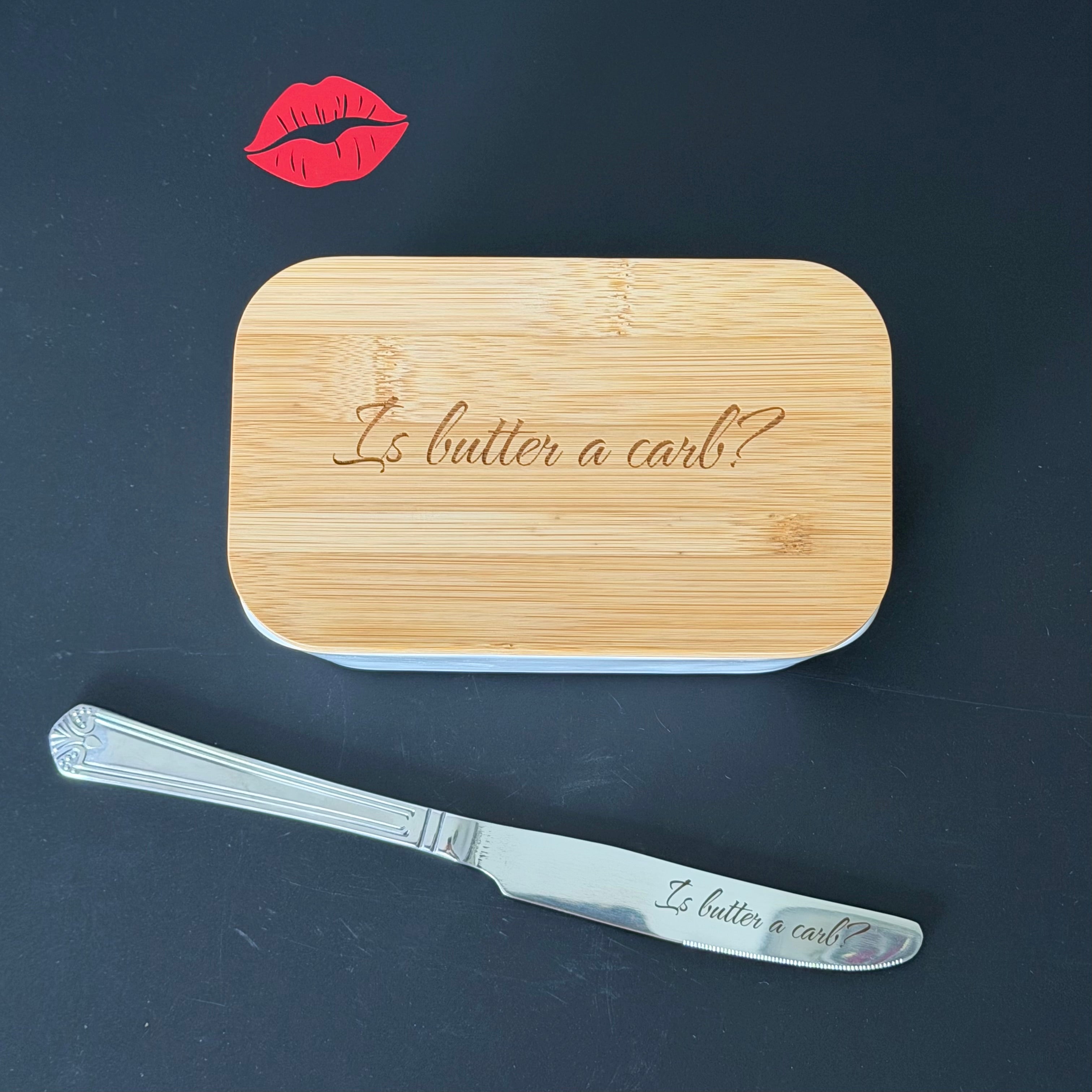 Is Butter A Carb? Engraved Porcelain Butter Dish & Knife Set, Funny Kitchen Gift
