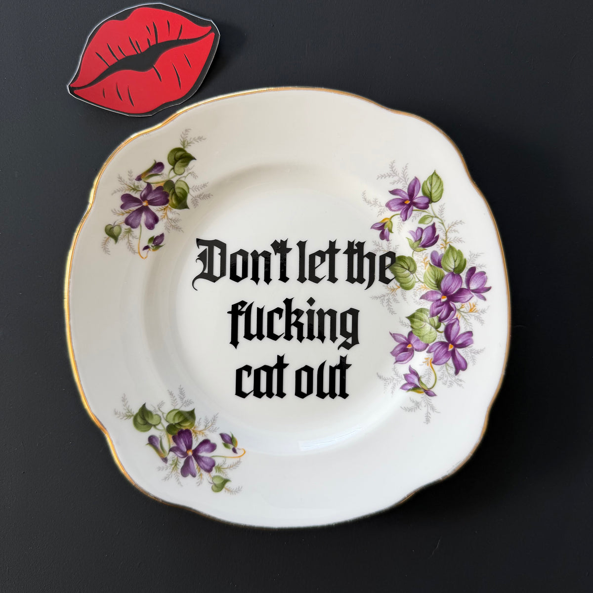 Don't Let The Fucking Cat Out, Upcycled Vintage Bone China Plate
