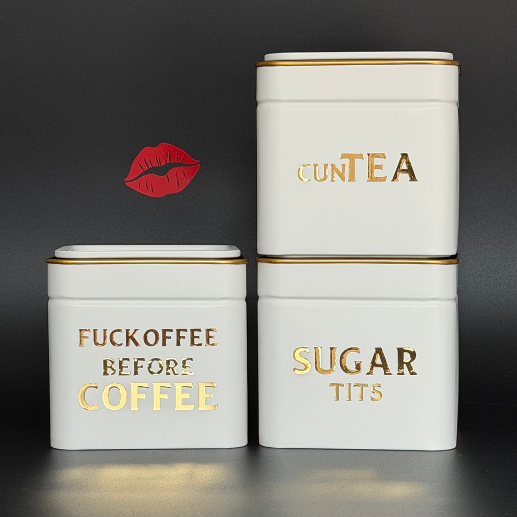 Funny Kitchen Storage Tin Set, Fuckoffee Before Coffee, Cuntea, Sugar Tits, Sweary Tea Coffee Sugar Canisters