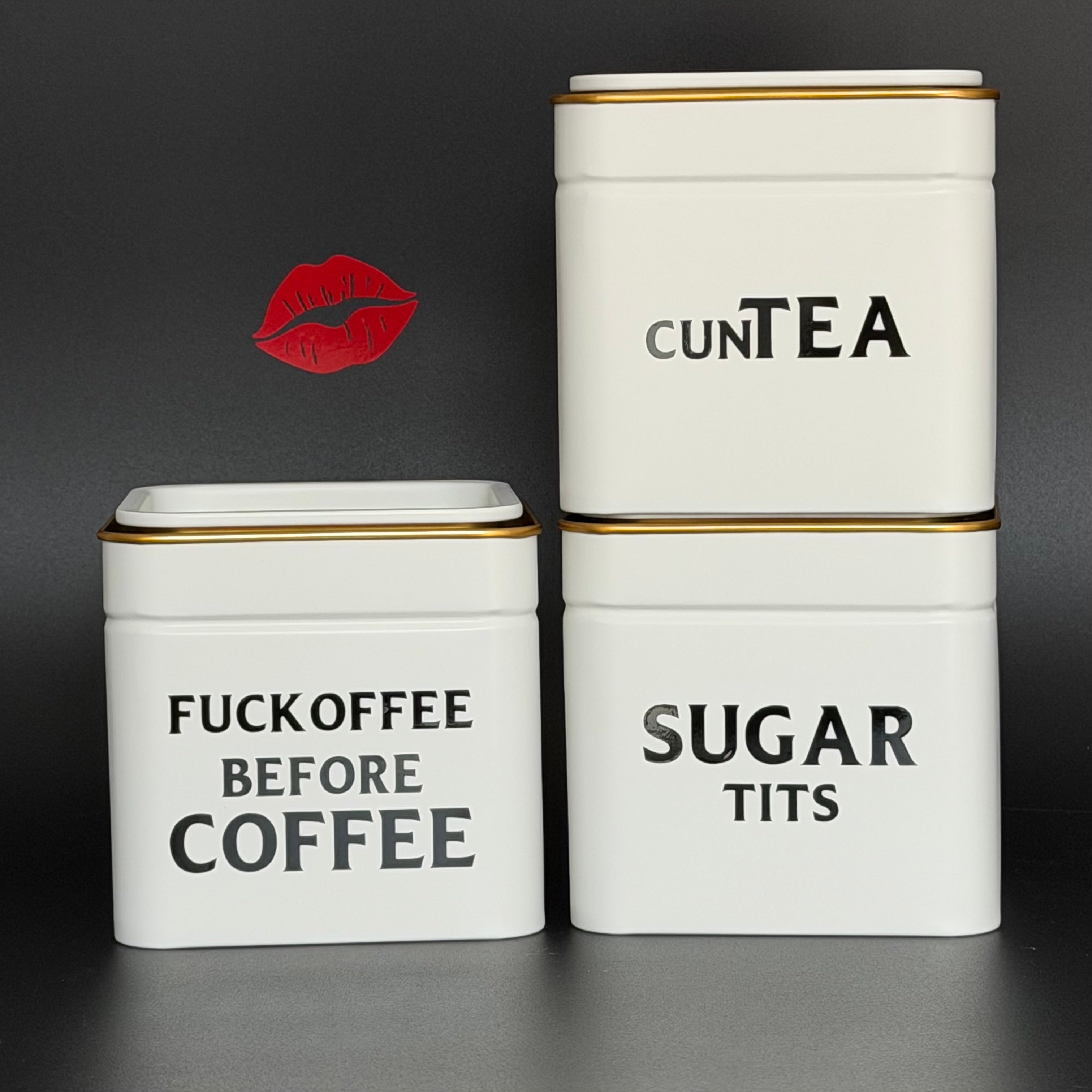 Funny Kitchen Storage Tin Set, Fuckoffee Before Coffee, Cuntea, Sugar Tits, Sweary Tea Coffee Sugar Canisters