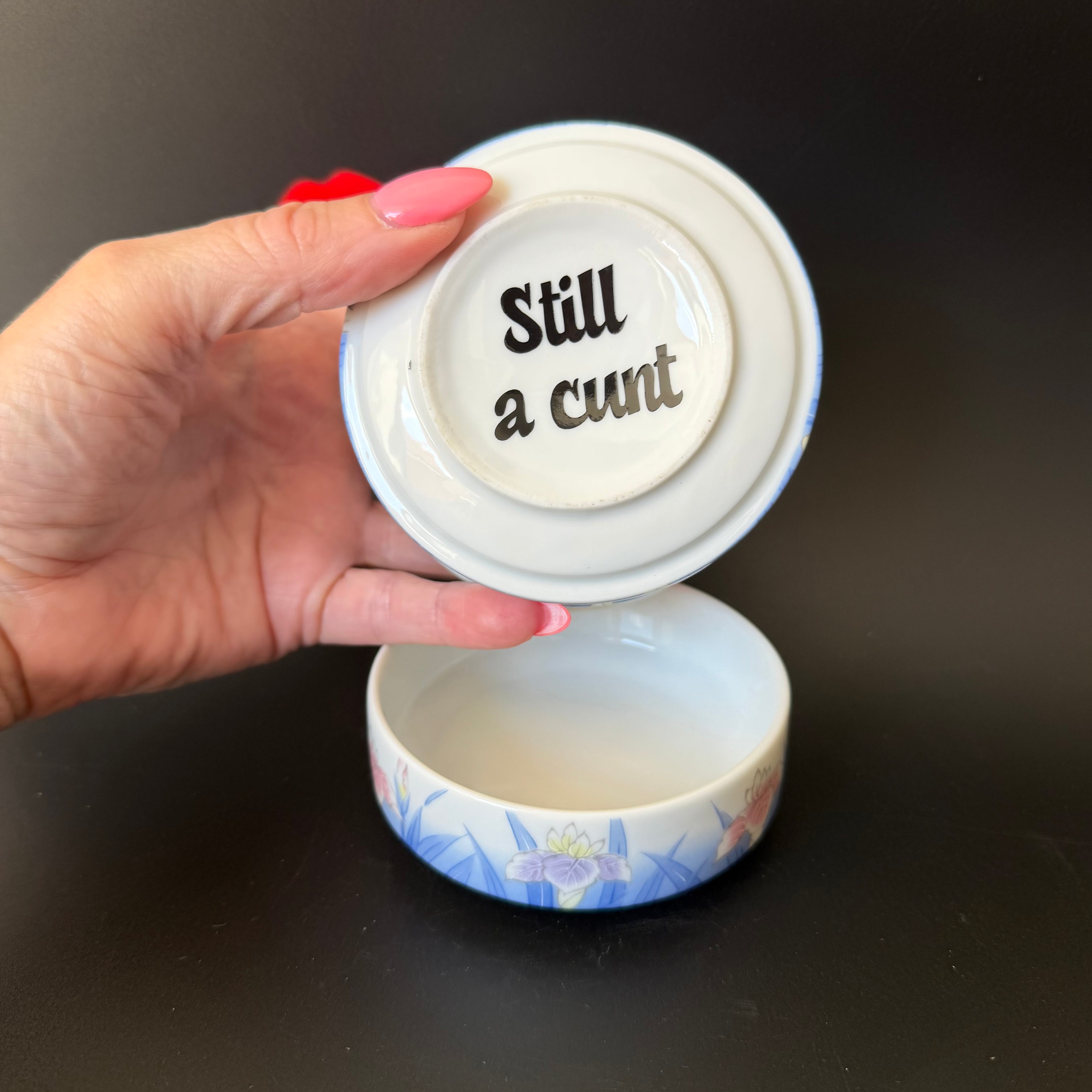 "Well You're A Nosy Cunt" Upcycled Vintage St Michael's Stacking Trinket Pots, Funny Sweary Gift
