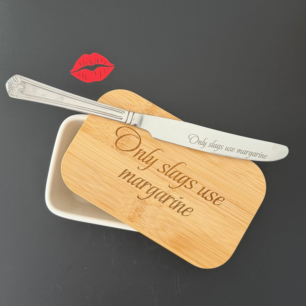 Only Slags Use Margarine Engraved Porcelain Butter Dish & Knife Set, Funny Kitchen Gift