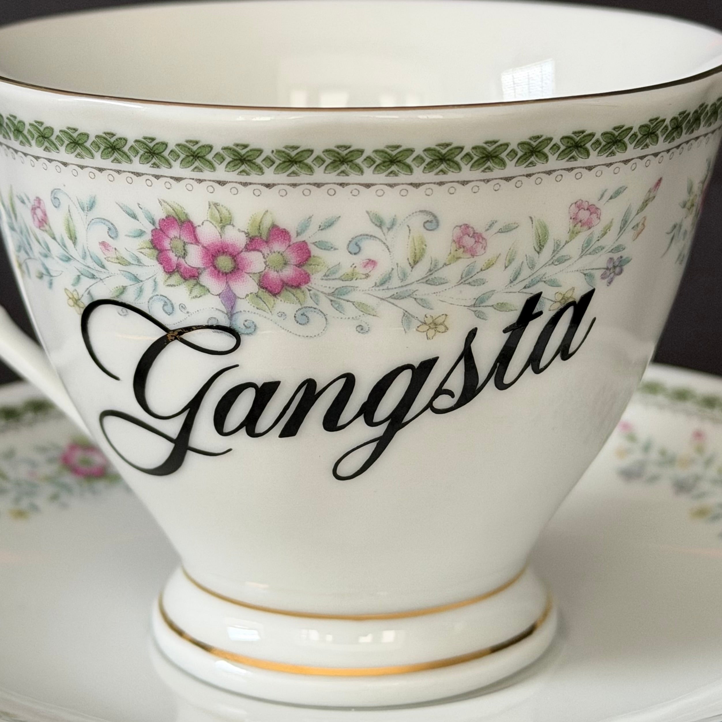 Gangsta Vintage Porcelain Statement Cup & Saucer, Home Decor
