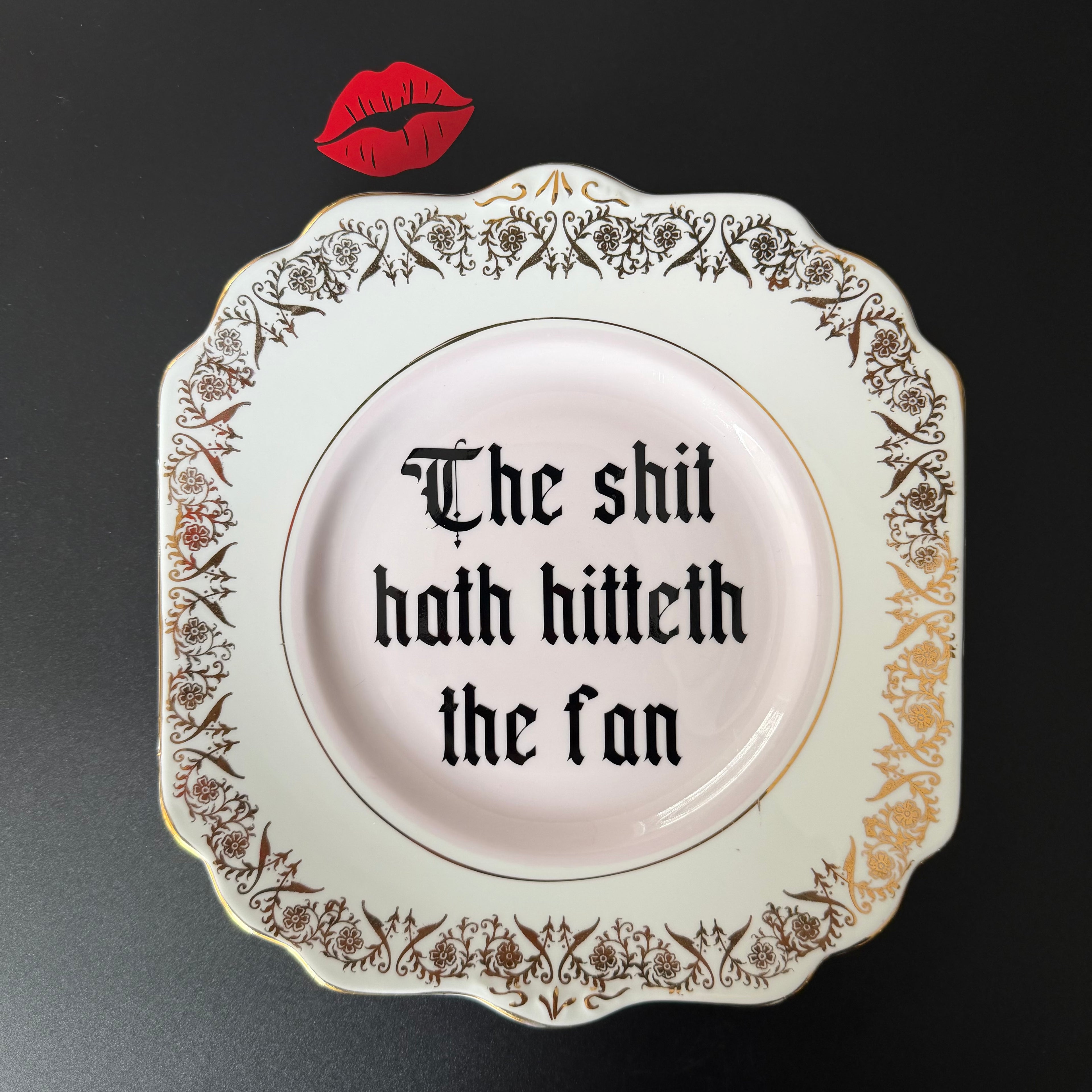 The Shit Hath Hitteth The Fan, Funny Hand Decorated Vintage Bone China Plate, Cheeky Decorative Home Decor Gift