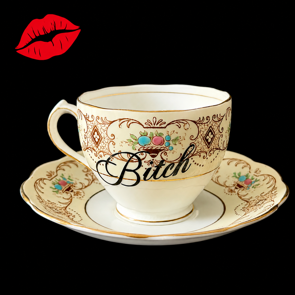 Bitch Teacup & Saucer, Vintage Roslyn Bone China Style Sassy Tea Set