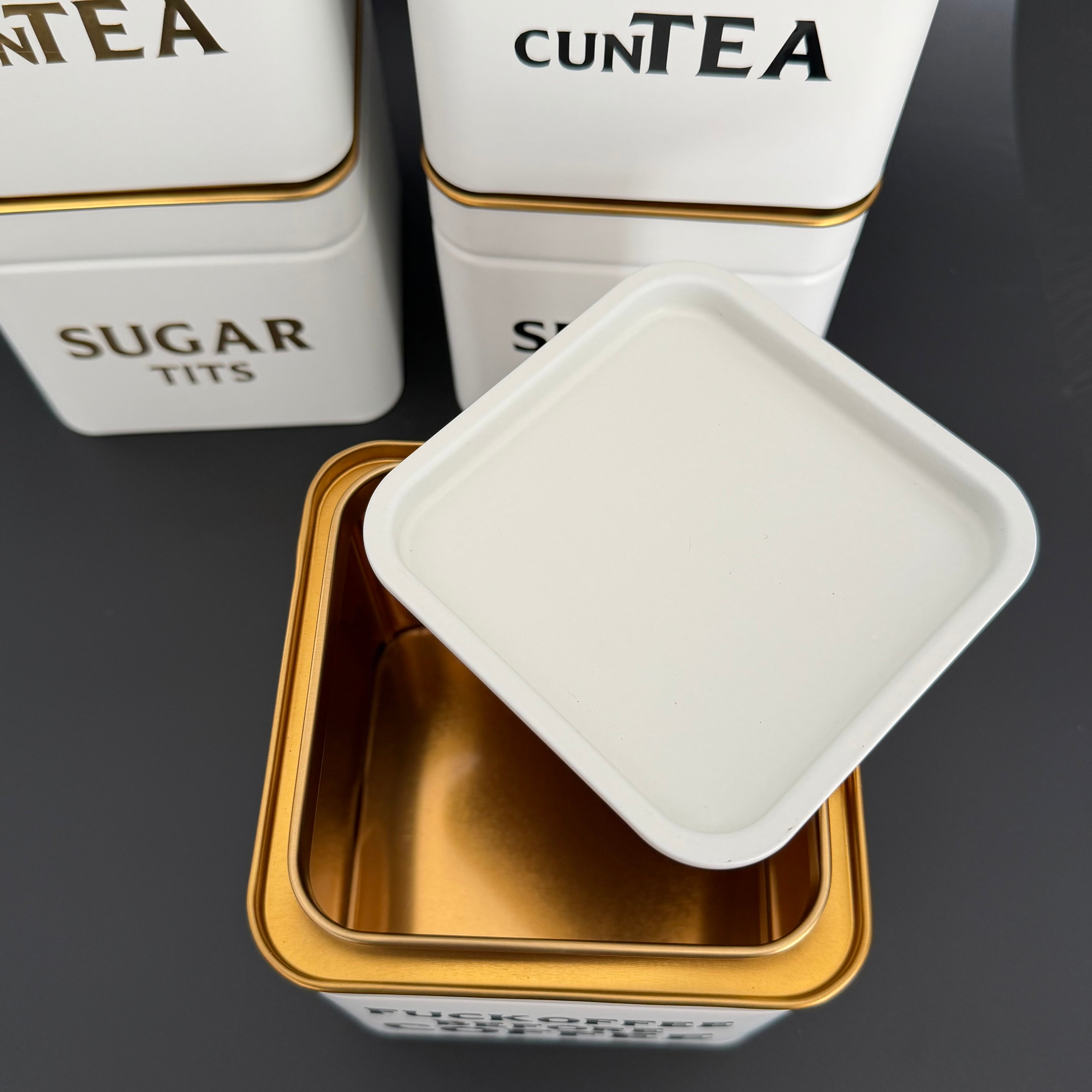 Funny Kitchen Storage Tin Set, Fuckoffee Before Coffee, Cuntea, Sugar Tits, Sweary Tea Coffee Sugar Canisters