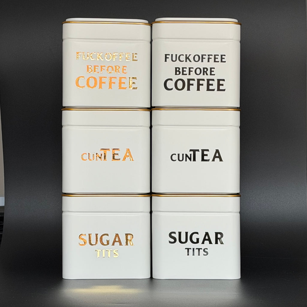 Funny Kitchen Storage Tin Set, Fuckoffee Before Coffee, Cuntea, Sugar Tits, Sweary Tea Coffee Sugar Canisters