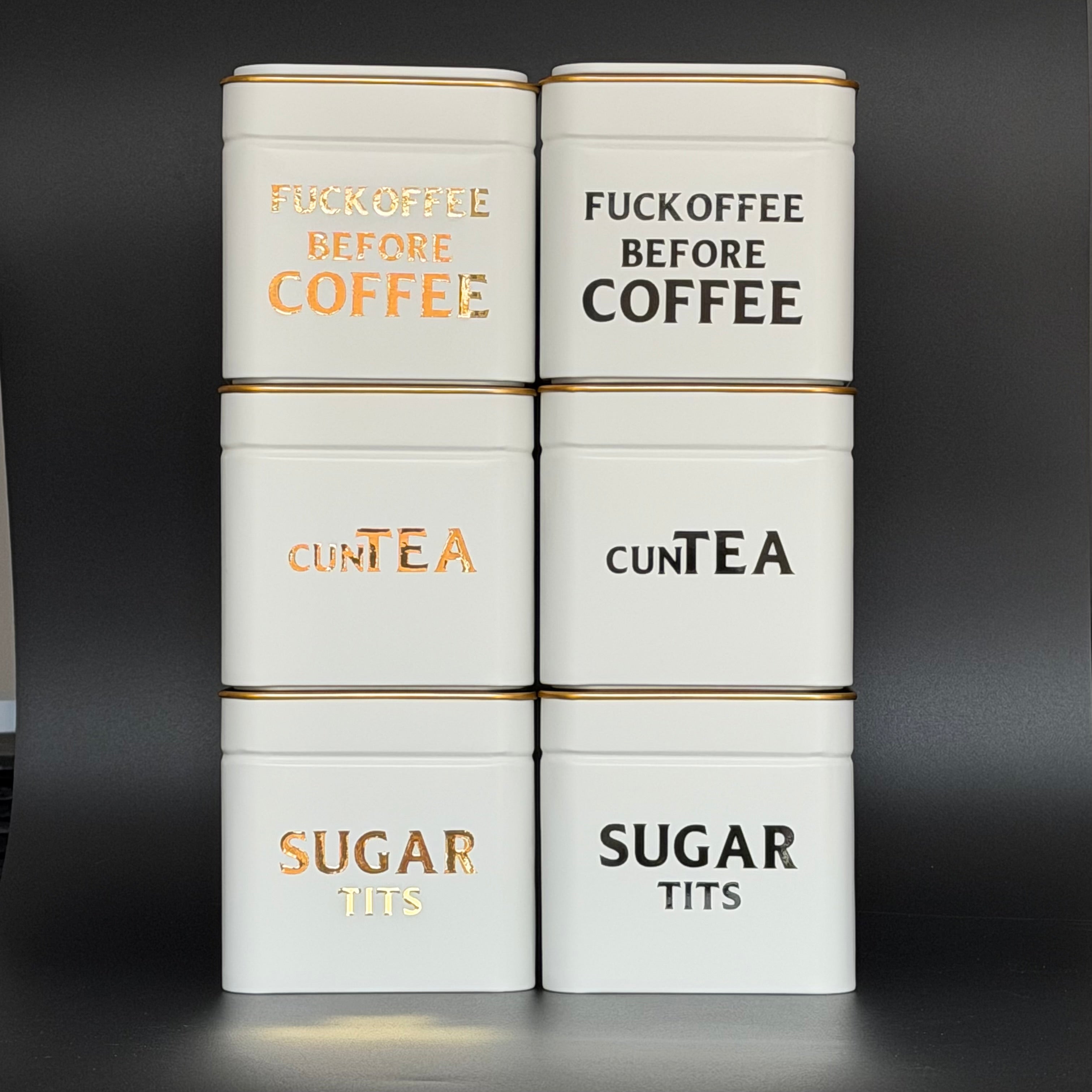 Funny Kitchen Storage Tin Set, Fuckoffee Before Coffee, Cuntea, Sugar Tits, Sweary Tea Coffee Sugar Canisters