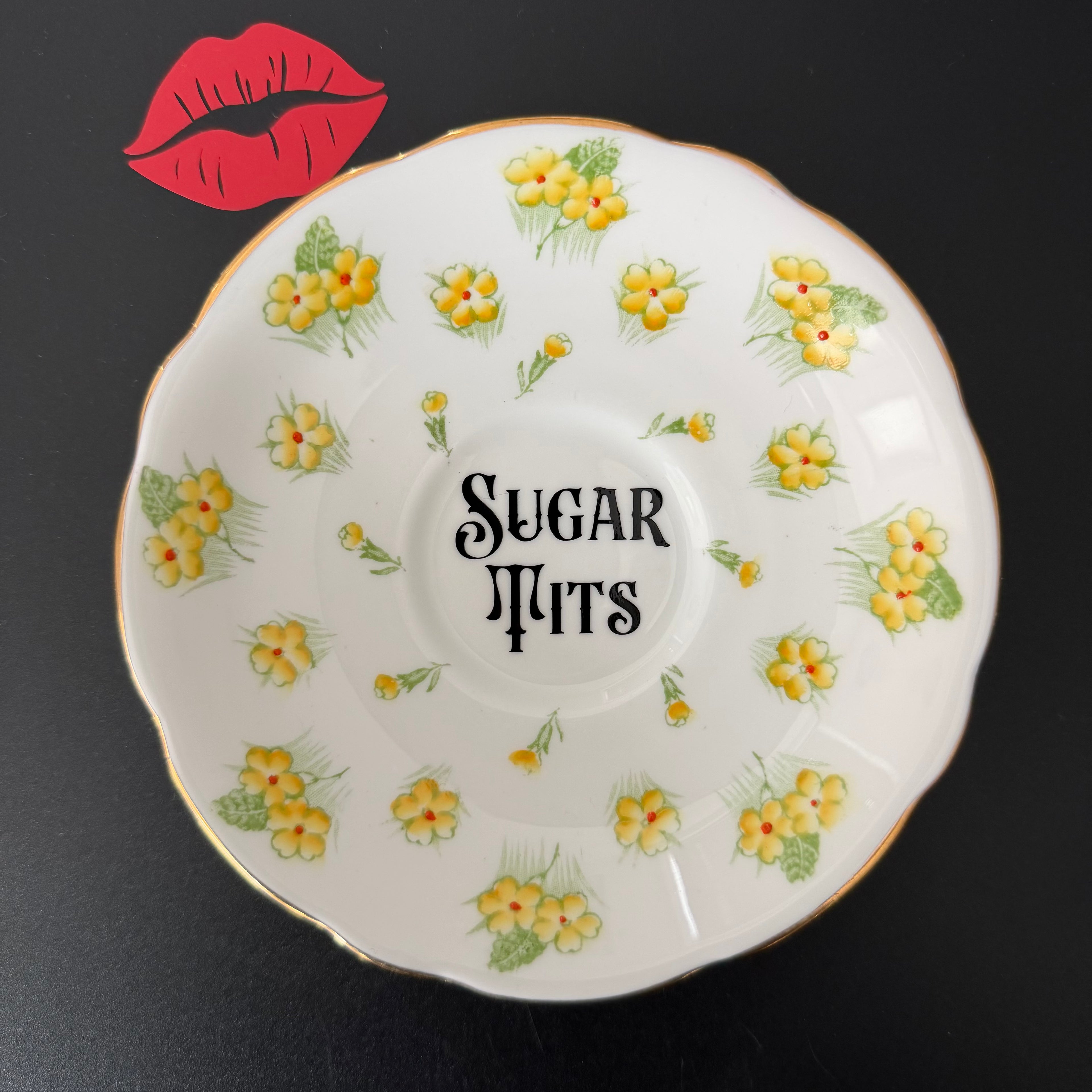 Vintage Bone China Plate, Sugar Tits, Black Vinyl, Floral Plate