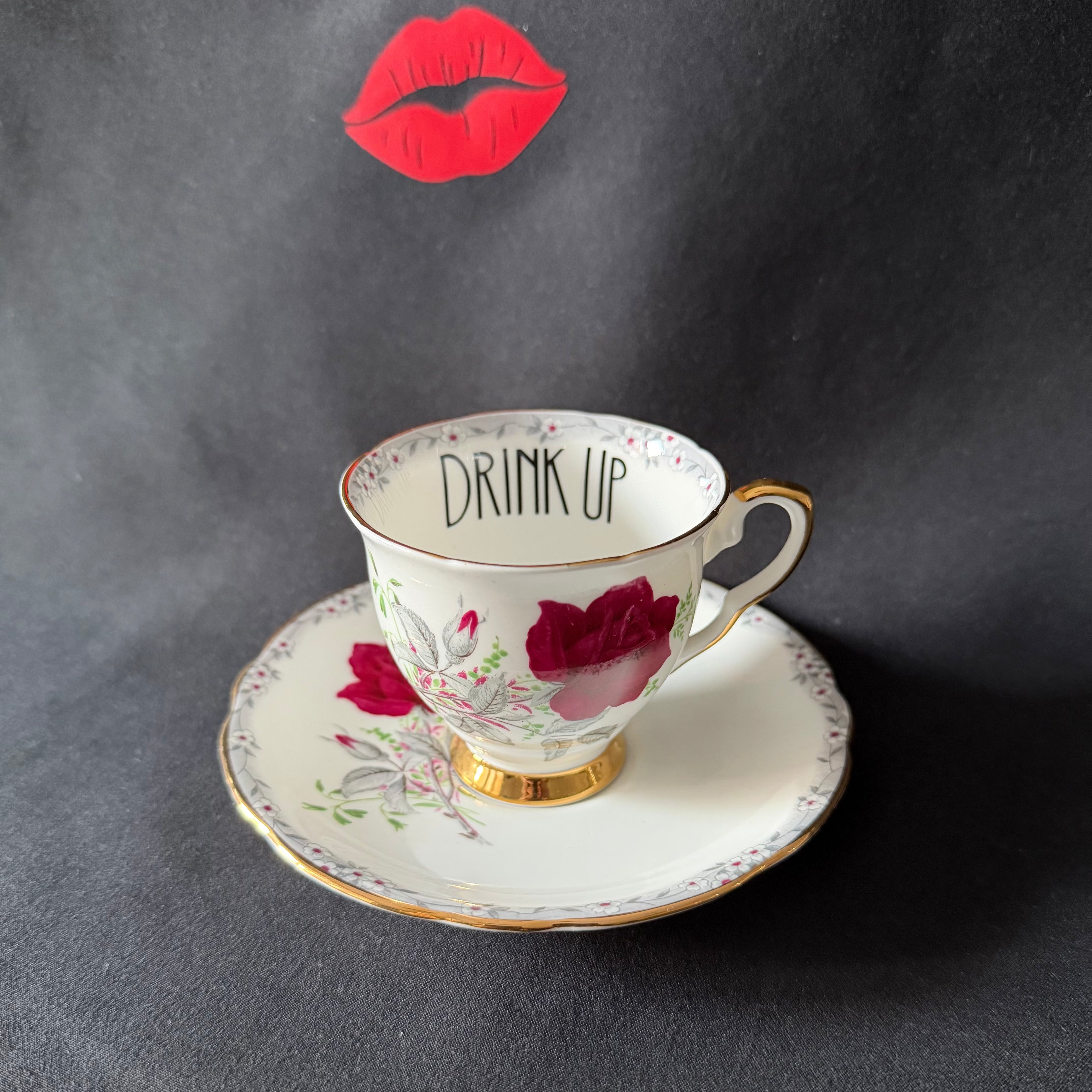 Drink up, Cunt Funny Vintage Bone China Cup & Saucer, Hand Decorated Sweary Tea Cup, Dark Humour Decor Home Decor