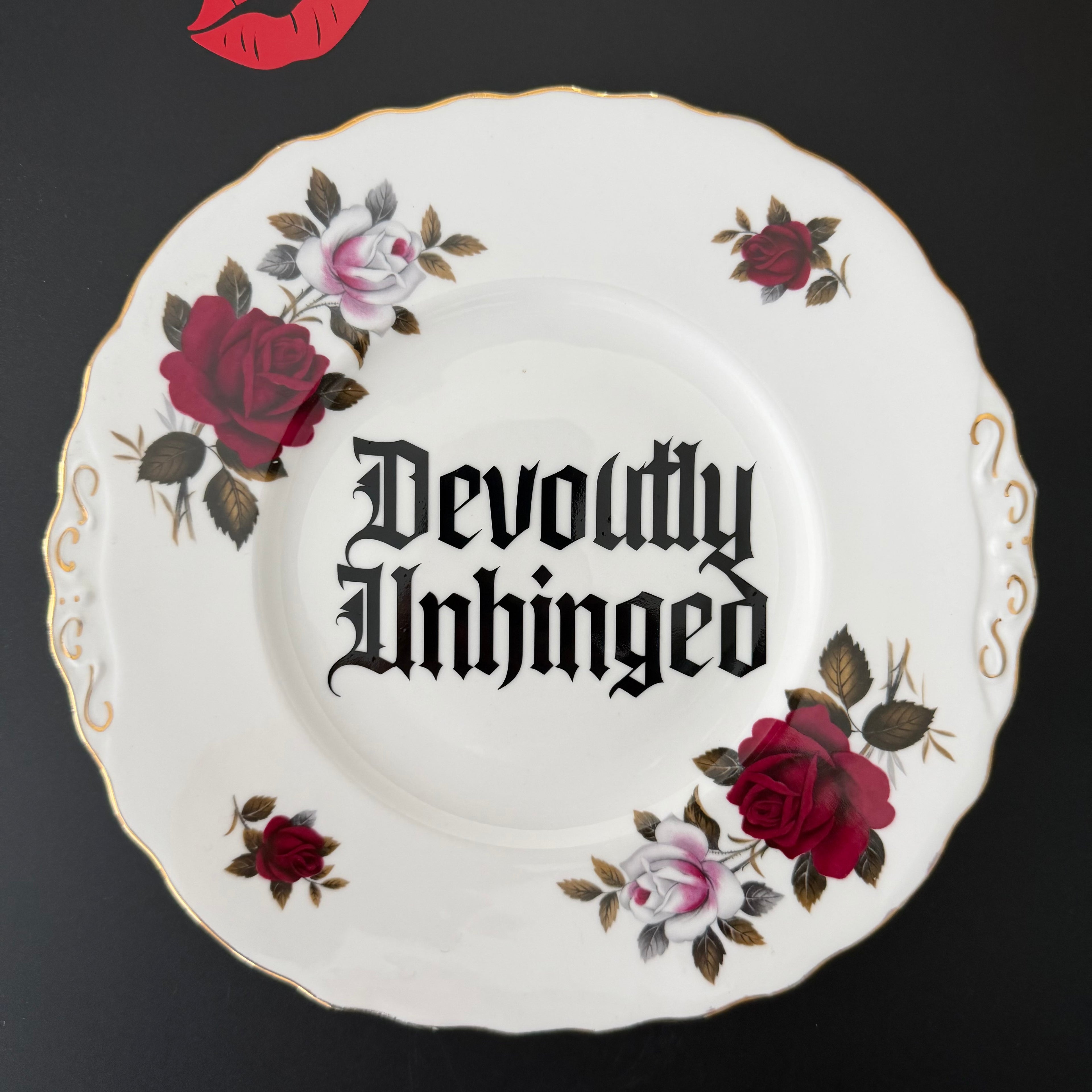 Devoutly Unhinged Funny Hand Decorated Vintage Bone China Plate, Cheeky Decorative Home Decor Gift