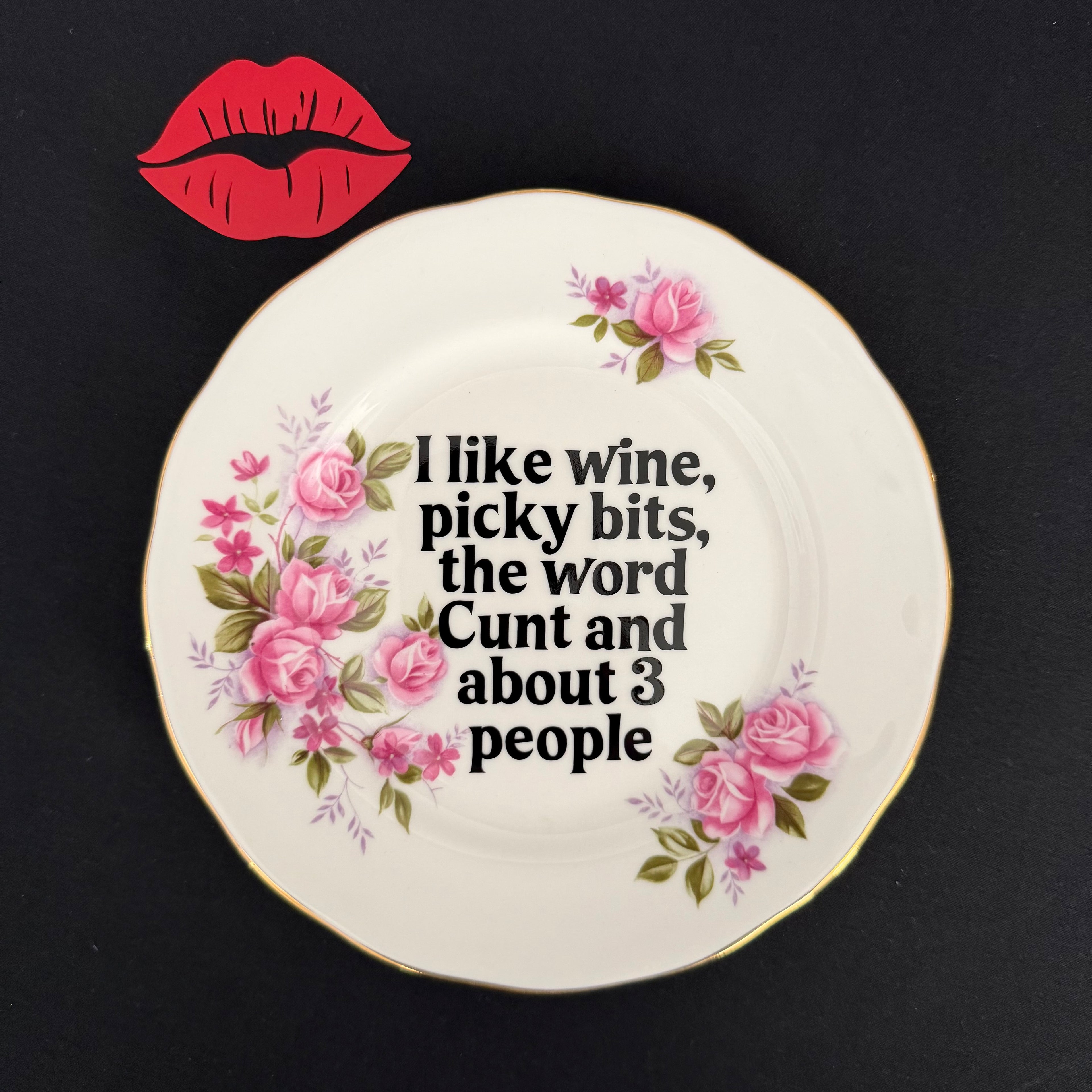 I like wine picky bits, the word cunt and about 3 people, Hand Decorated Vintage Bone China Plate, Decorative Gift, Home Decor