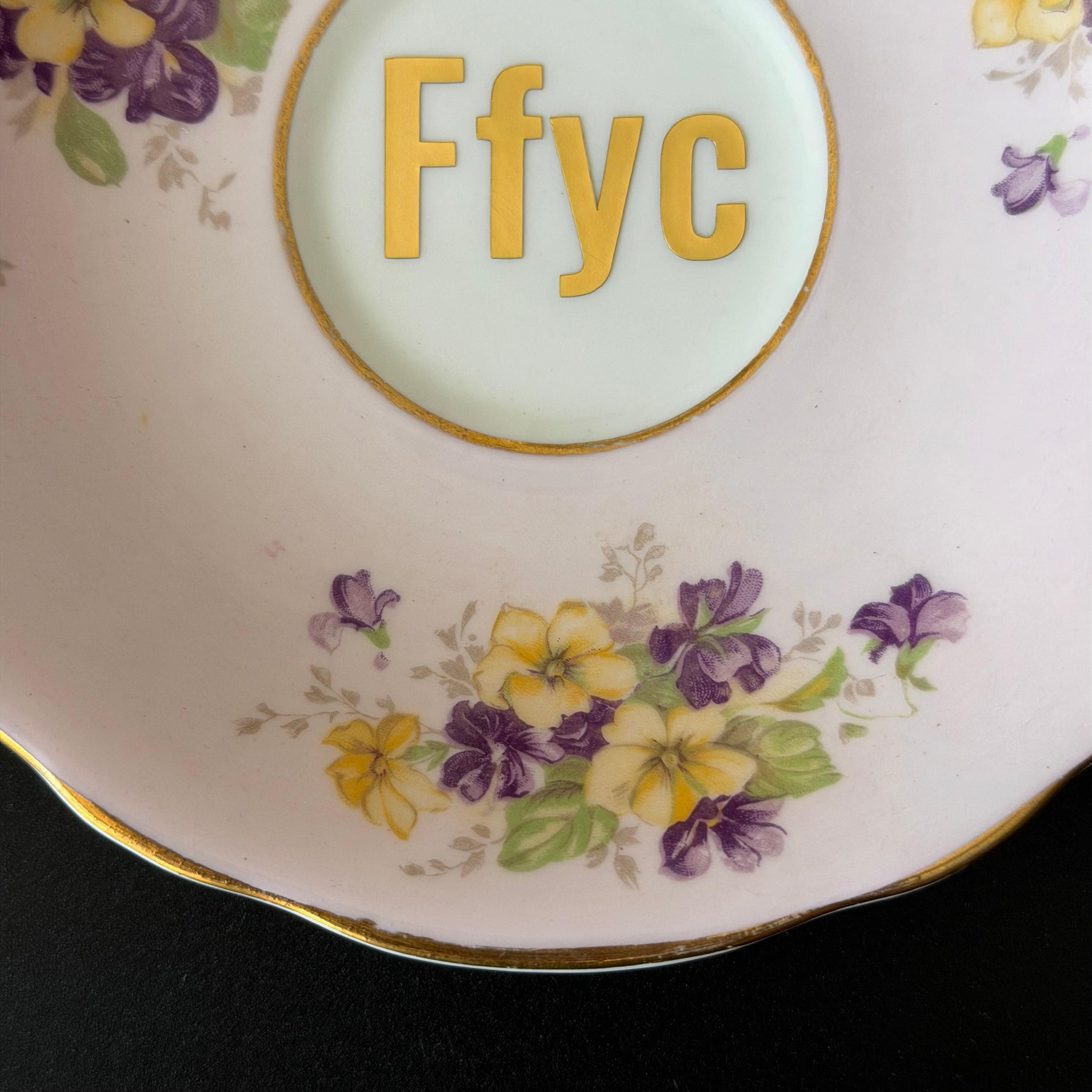 Vintage Bone China Saucer, Ffyc in Chrome Gold Vinyl, Cheeky Floral Saucer