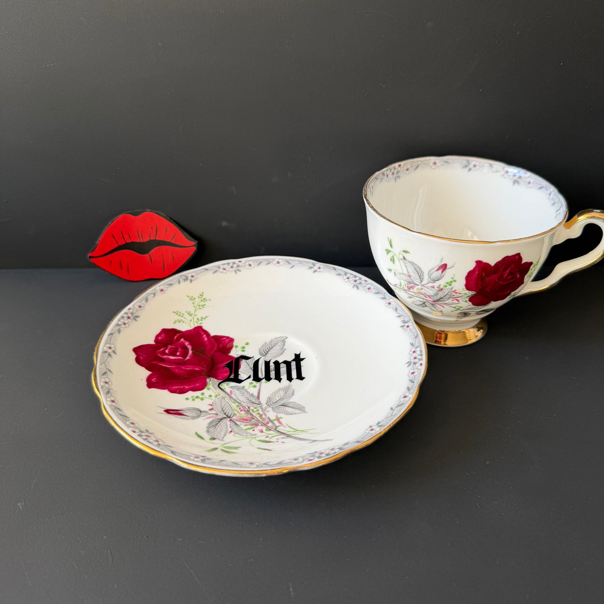 Cunt Cup & Saucer, Funny Vintage Bone China, Hand Decorated Sweary Tea Cup, Dark Humour Home Decor