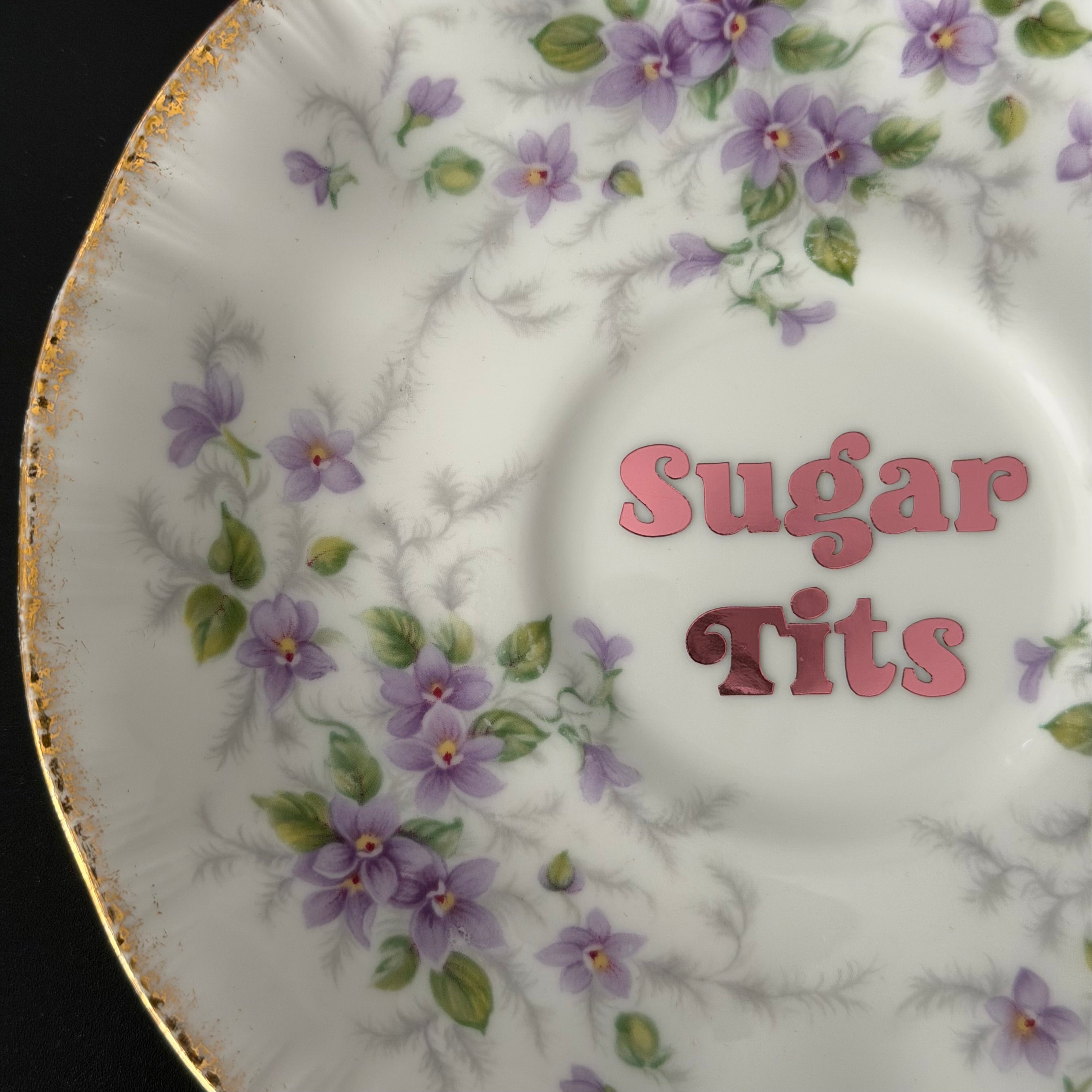 Vintage Paragon Bone China Plate, Sugar Tits, Chrome Rose Gold Vinyl, Floral Plate