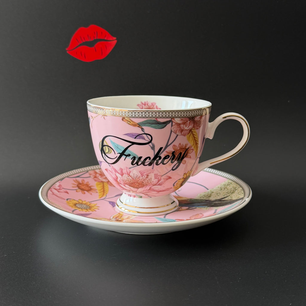 Fuckery Teacup & Saucer, Floral Pink Tea Set, Rude Vintage Style Cup, Cheeky Gift, Sassy Swears