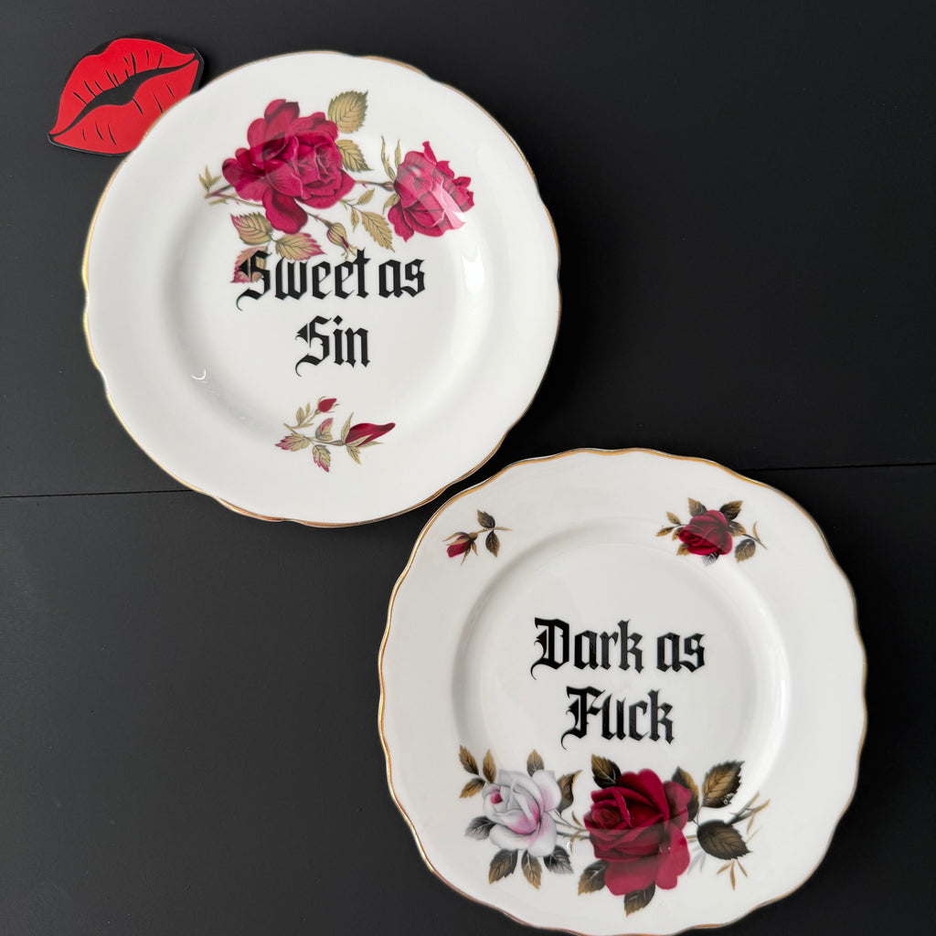 Sweet as Sin / Dark as Fuck - Set of 2 Vintage Sweary Bone China Plates