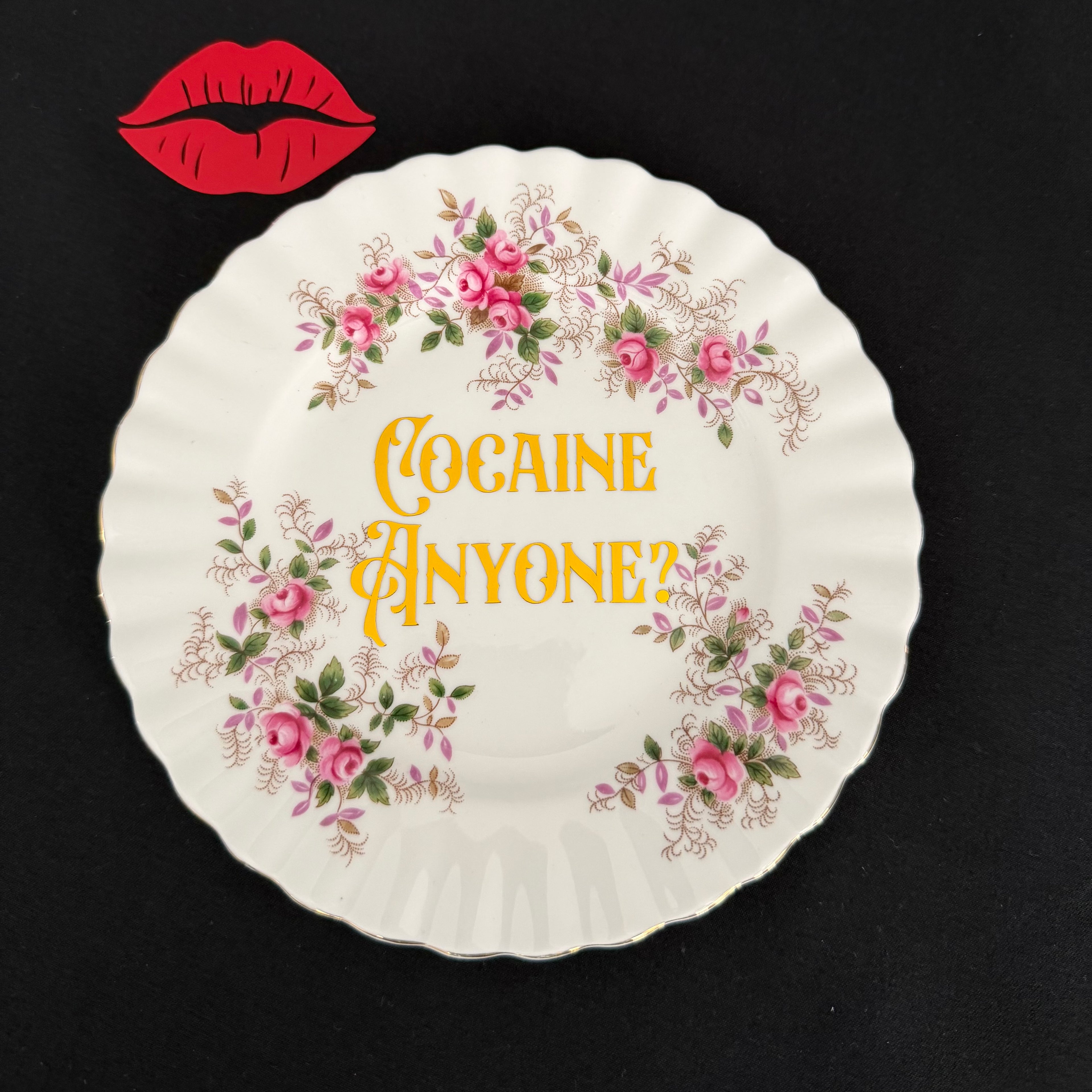 Cocaine Anyone?, Hand Decorated Vintage Bone China Plate, Decorative Gift, Home Decor