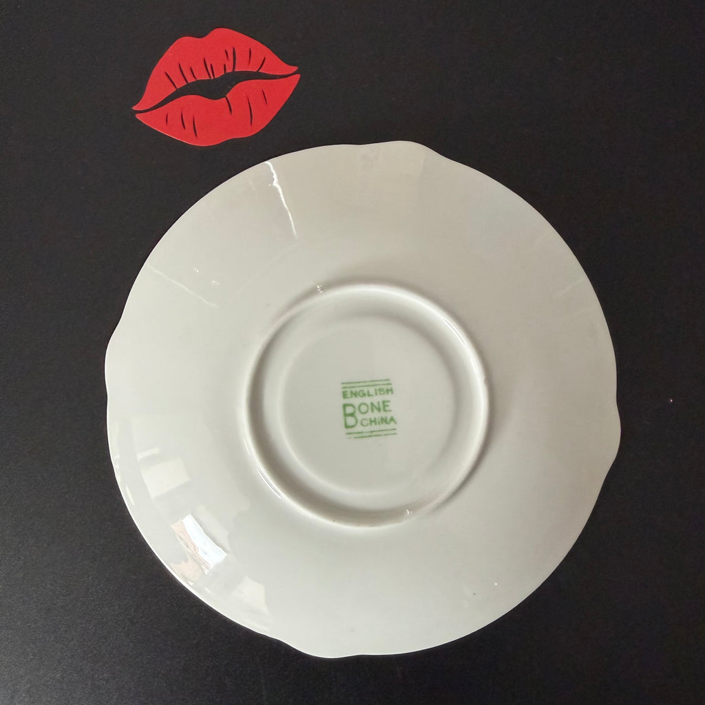 Vintage Bone China Saucer, Tea Slut in Black Vinyl, Cheeky Floral Saucer