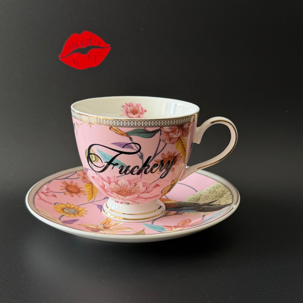 Fuckery Teacup & Saucer, Floral Pink Tea Set, Rude Vintage Style Cup, Cheeky Gift, Sassy Swears