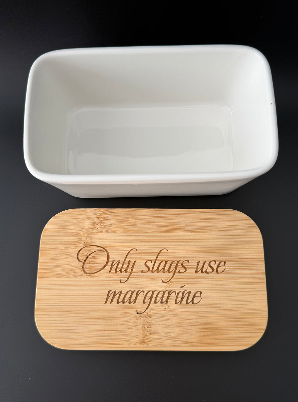 Only Slags Use Margarine Engraved Porcelain Butter Dish & Knife Set, Funny Kitchen Gift