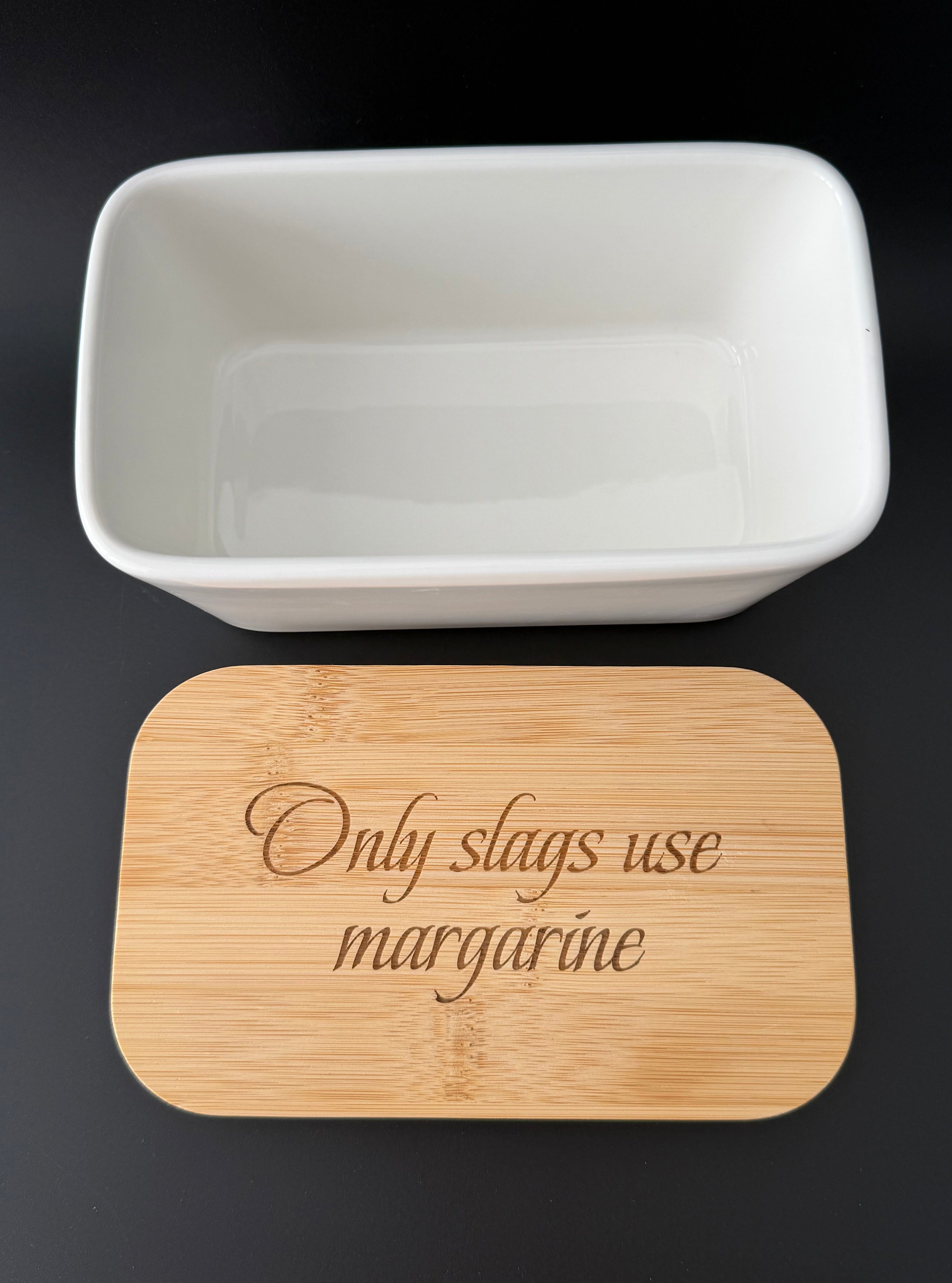 Only Slags Use Margarine Engraved Porcelain Butter Dish & Knife Set, Funny Kitchen Gift