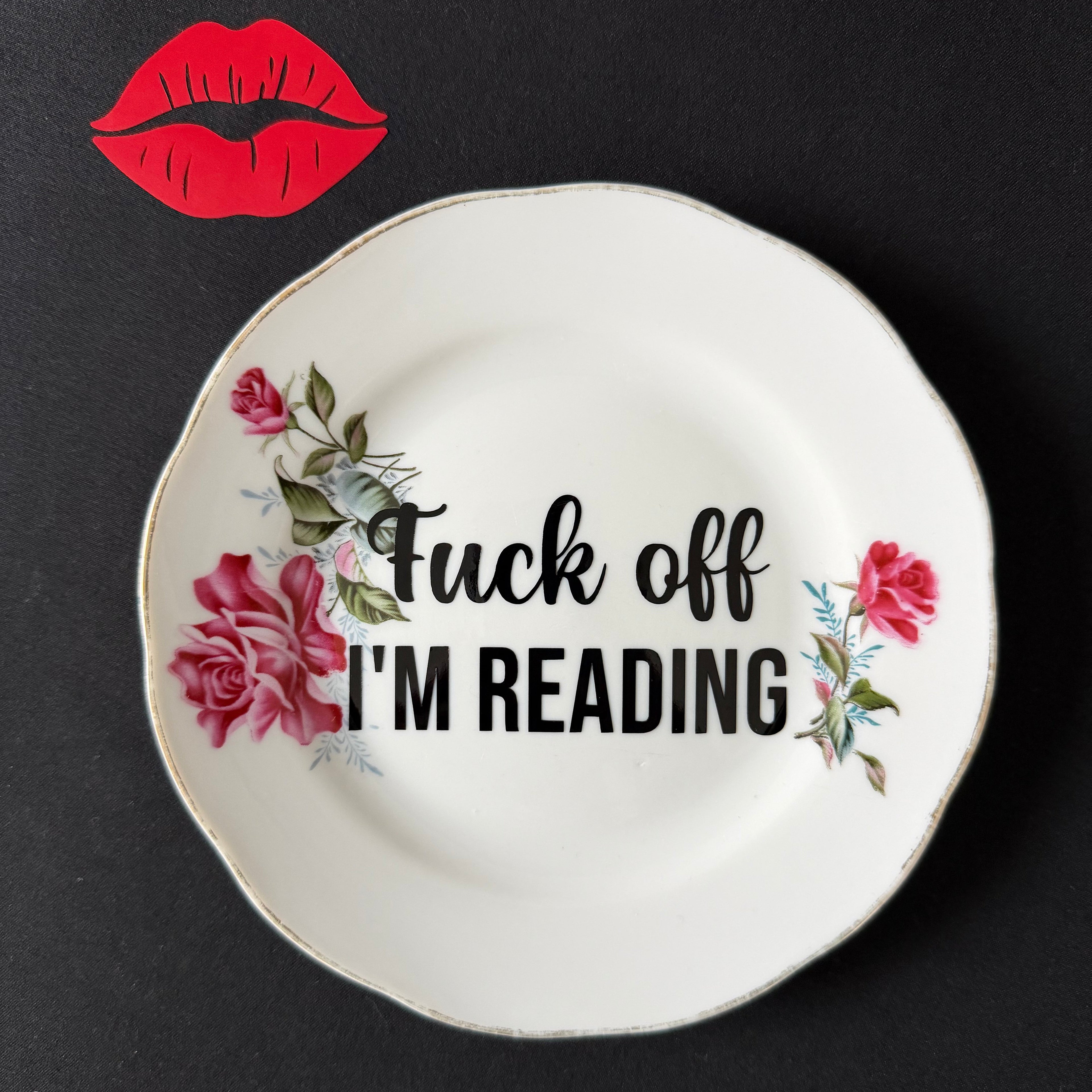 Fuck Off I'm Reading, Hand Decorated Vintage Porcelain Plate, Decorative Gift, Home Decor