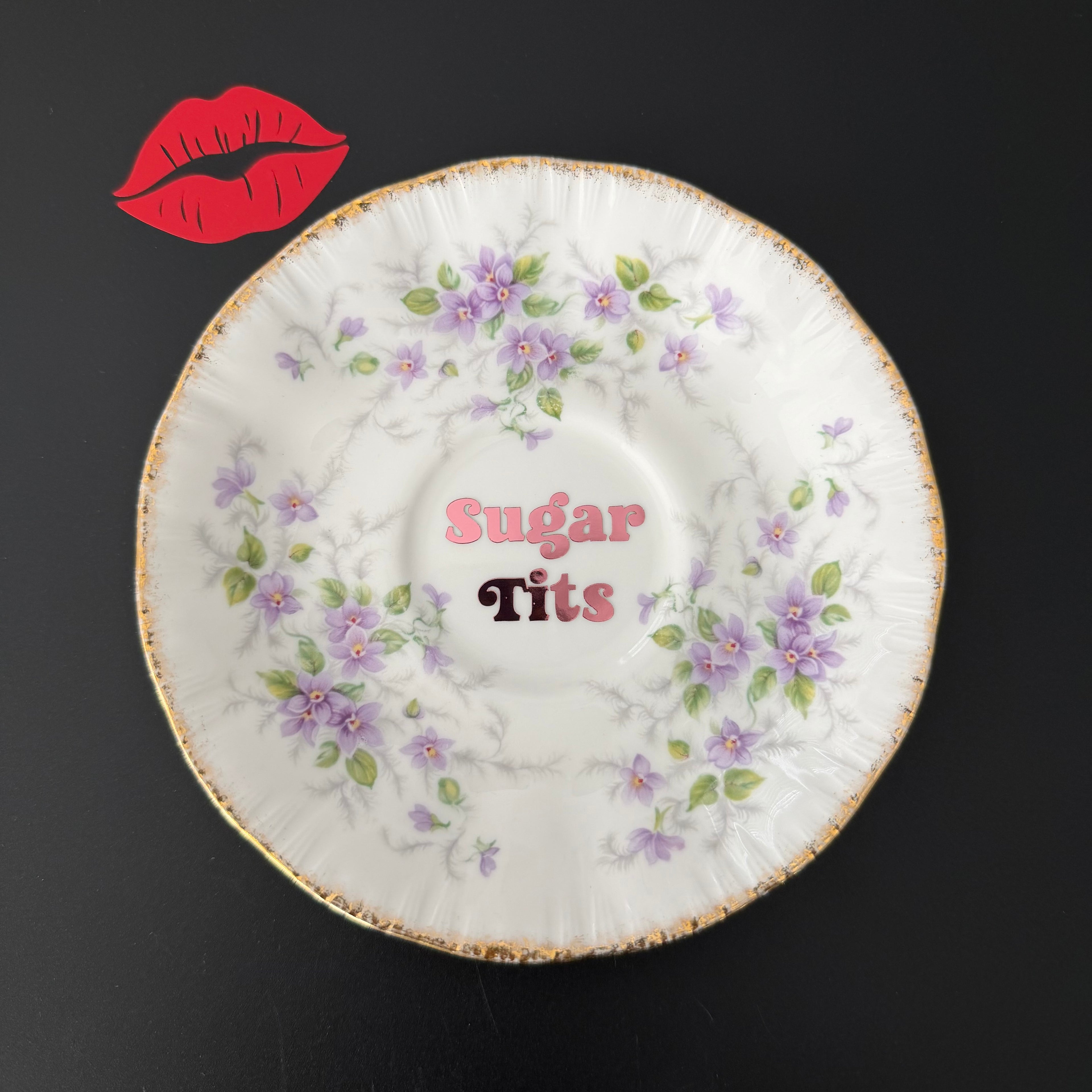 Vintage Paragon Bone China Plate, Sugar Tits, Chrome Rose Gold Vinyl, Floral Plate
