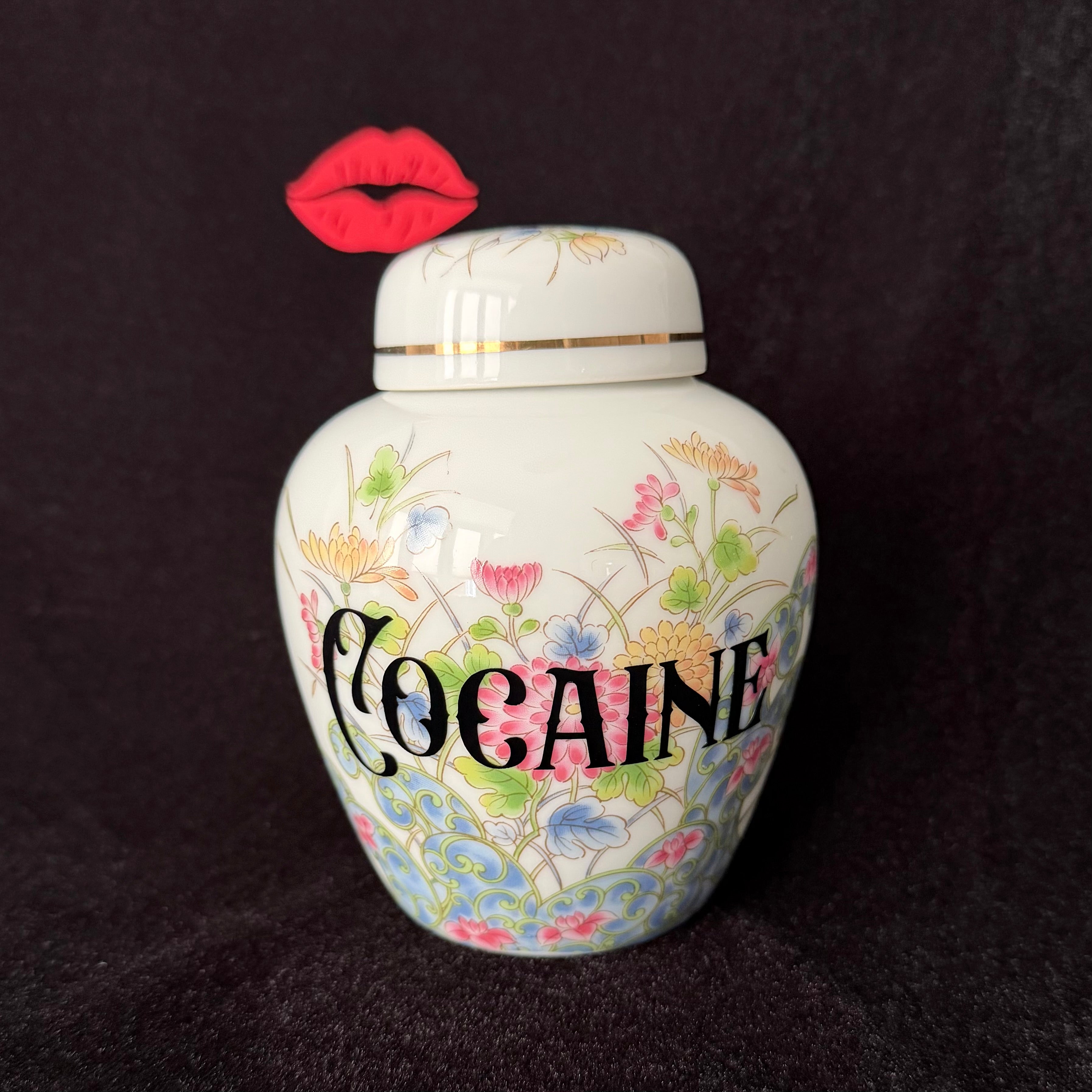 Cocaine, Upcycled Vintage Floral Porcelain Lidded Jar, Funny Home Decor