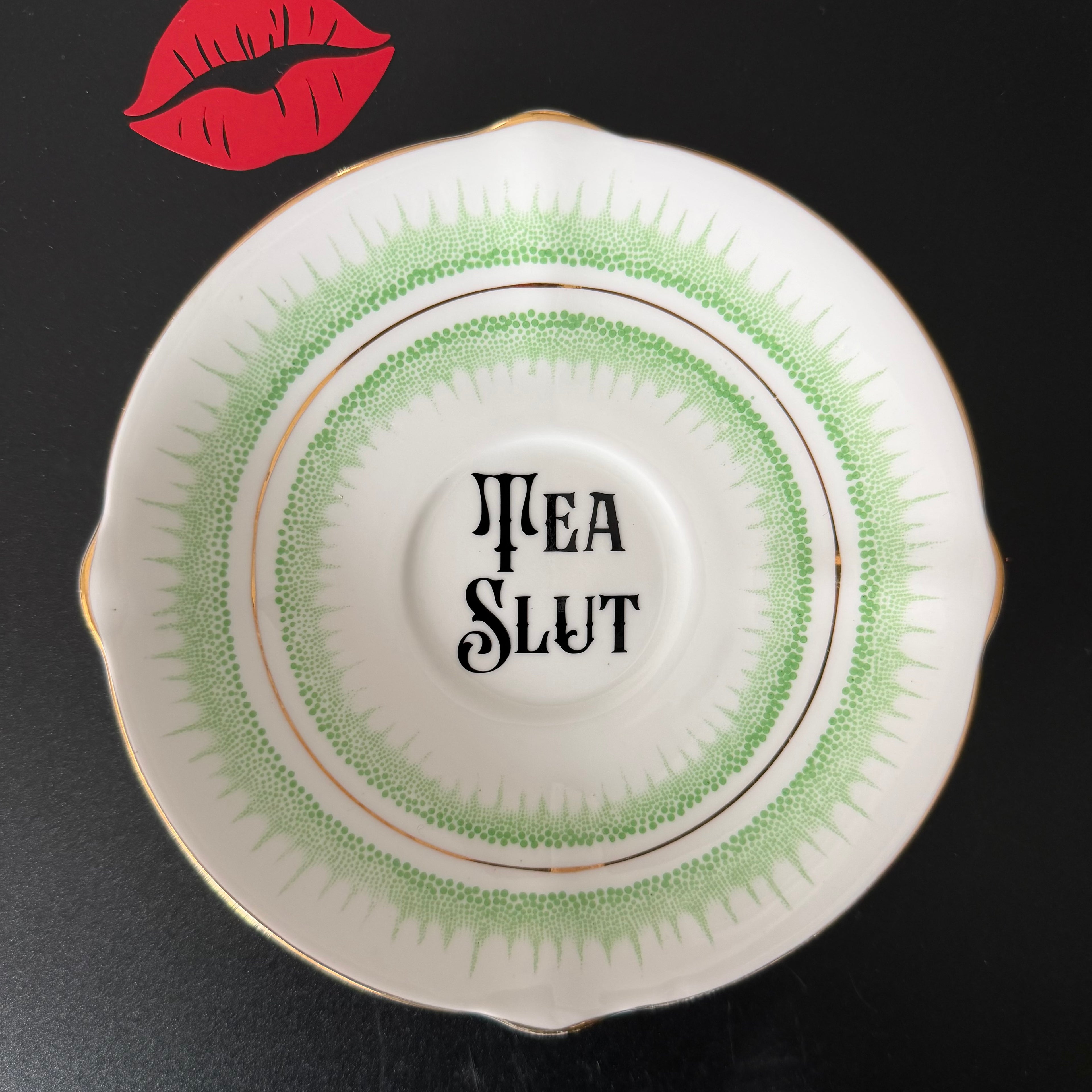Vintage Bone China Saucer, Tea Slut in Black Vinyl, Cheeky Floral Saucer