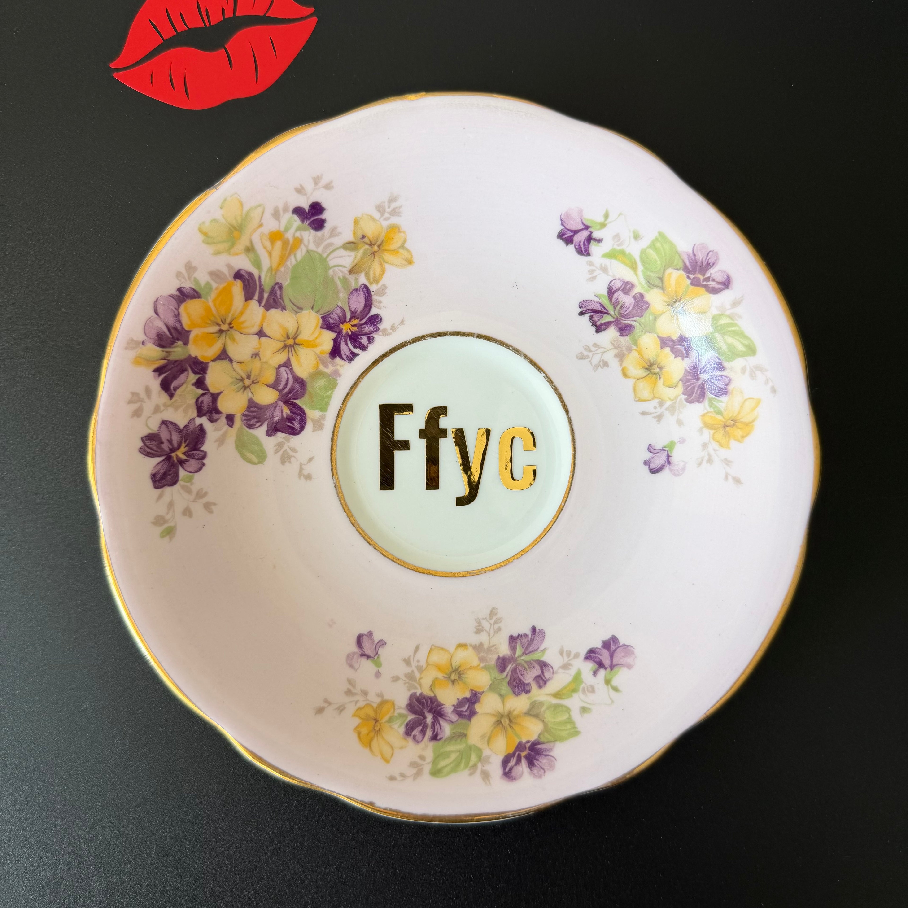 Vintage Bone China Saucer, Ffyc in Chrome Gold Vinyl, Cheeky Floral Saucer