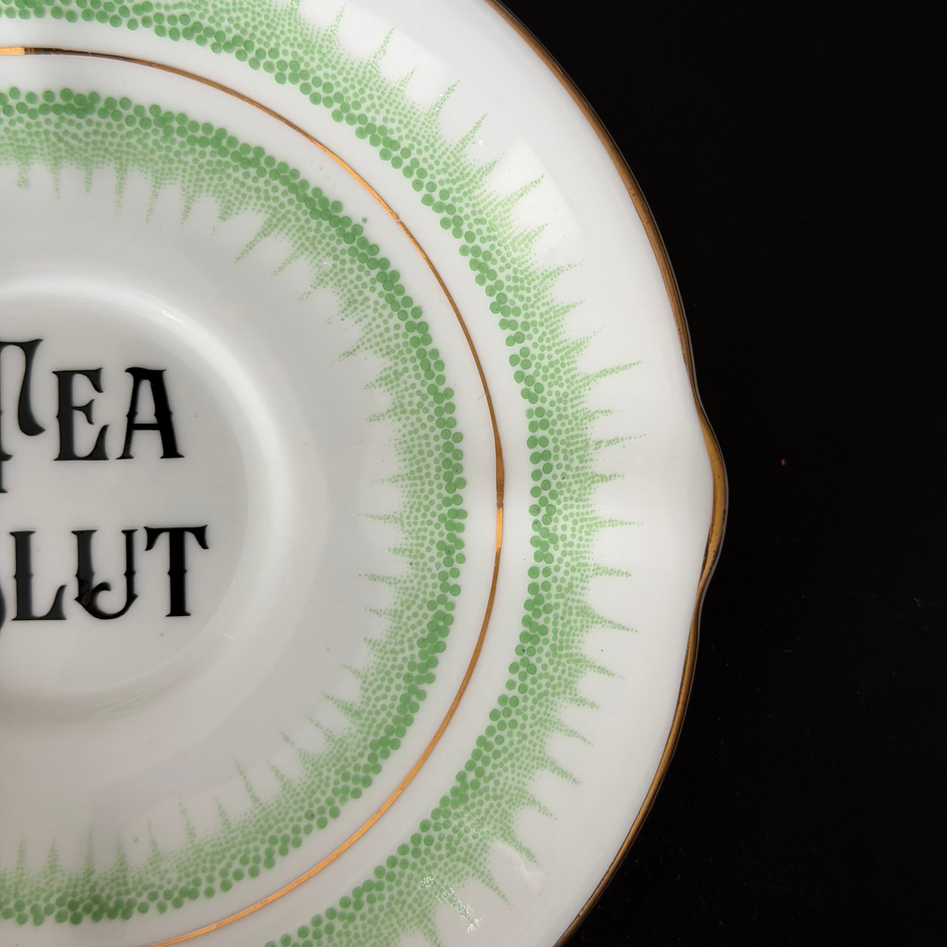 Vintage Bone China Saucer, Tea Slut in Black Vinyl, Cheeky Floral Saucer