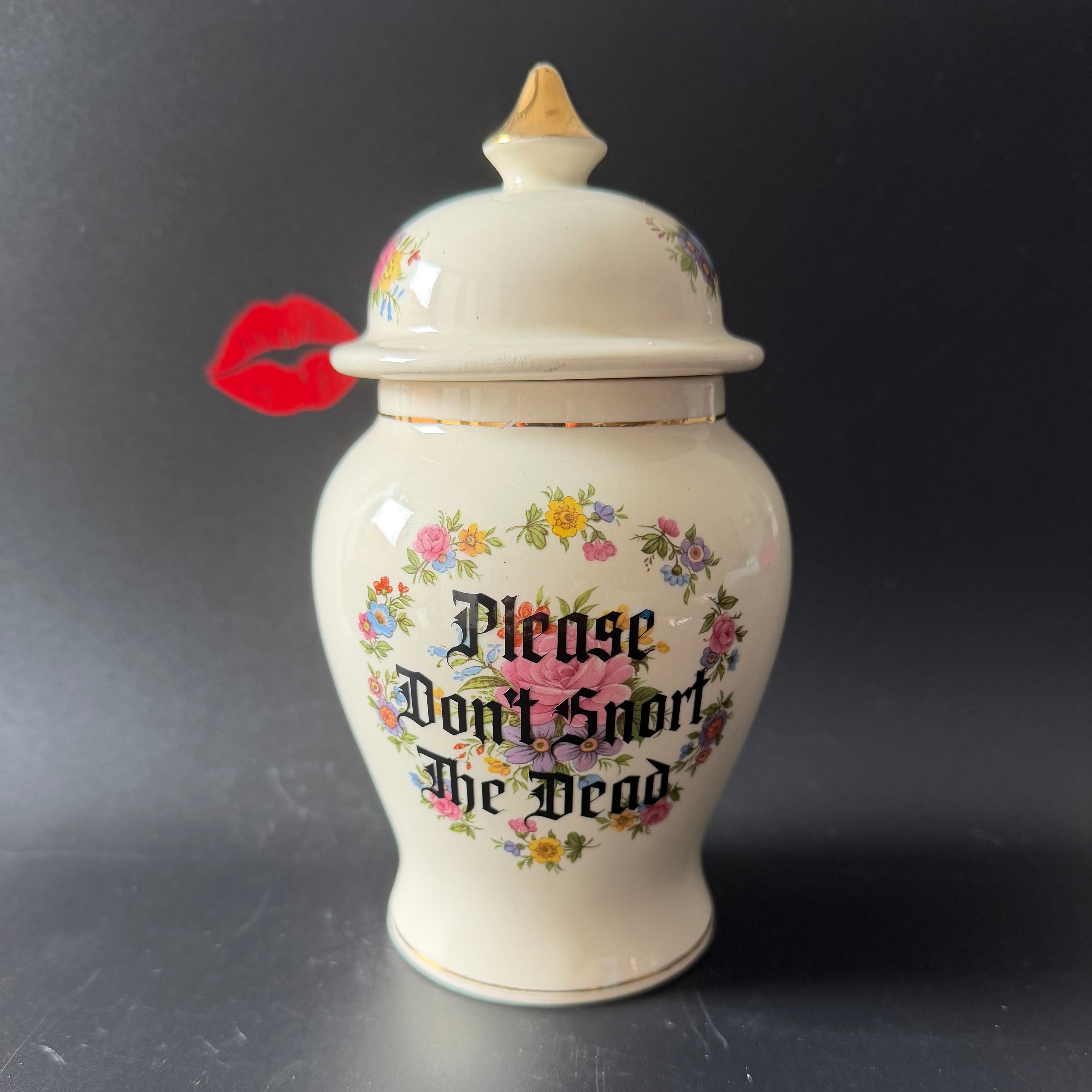 Vintage Style Sadler Floral Ginger Jar, Please Don't Snort the Dead, Gothic Quote Home Decor