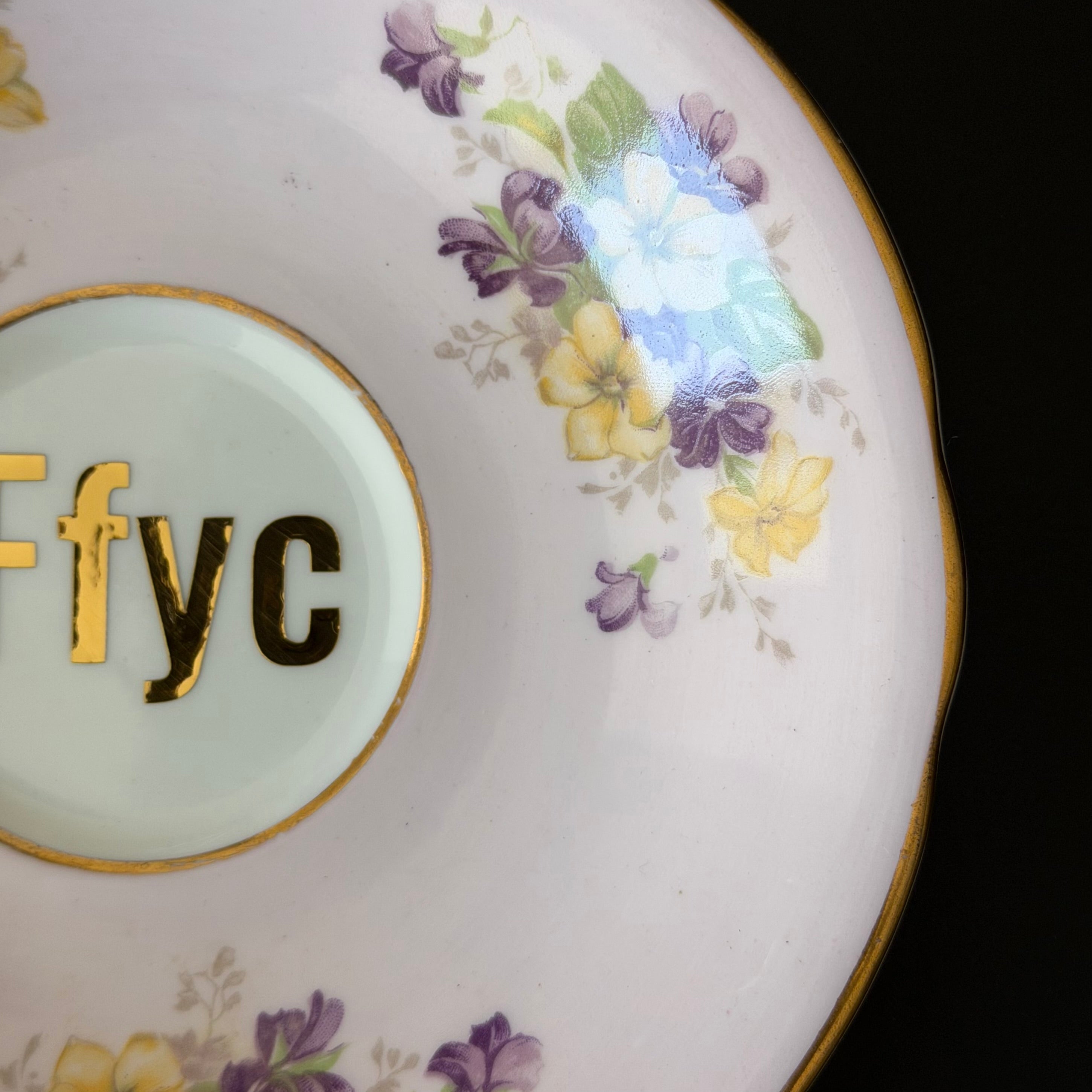 Vintage Bone China Saucer, Ffyc in Chrome Gold Vinyl, Cheeky Floral Saucer