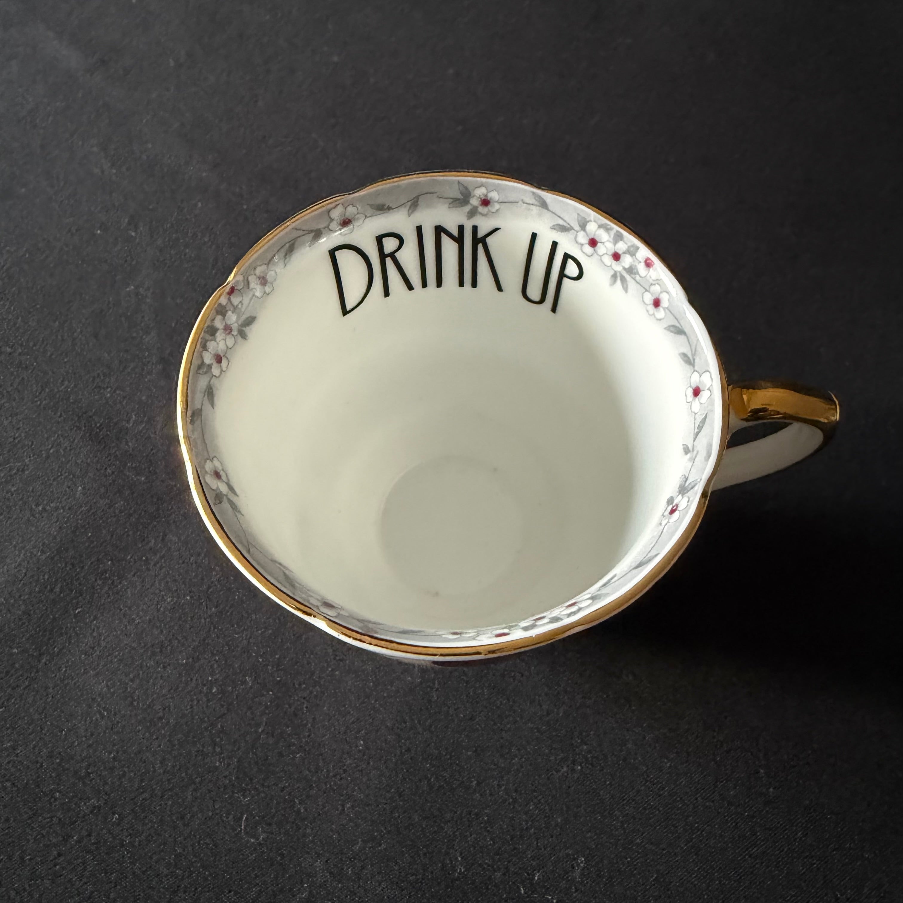 Drink up, Cunt Funny Vintage Bone China Cup & Saucer, Hand Decorated Sweary Tea Cup, Dark Humour Decor Home Decor