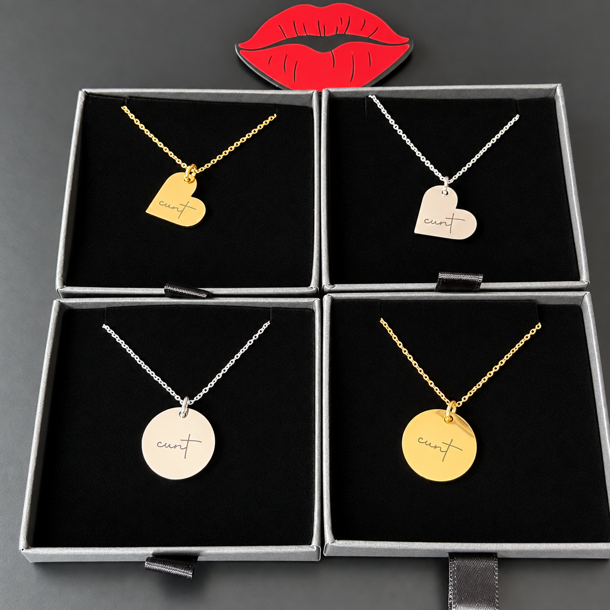 Engraved Cunt Necklace - Gold or Silver, Heart or Round Pendant