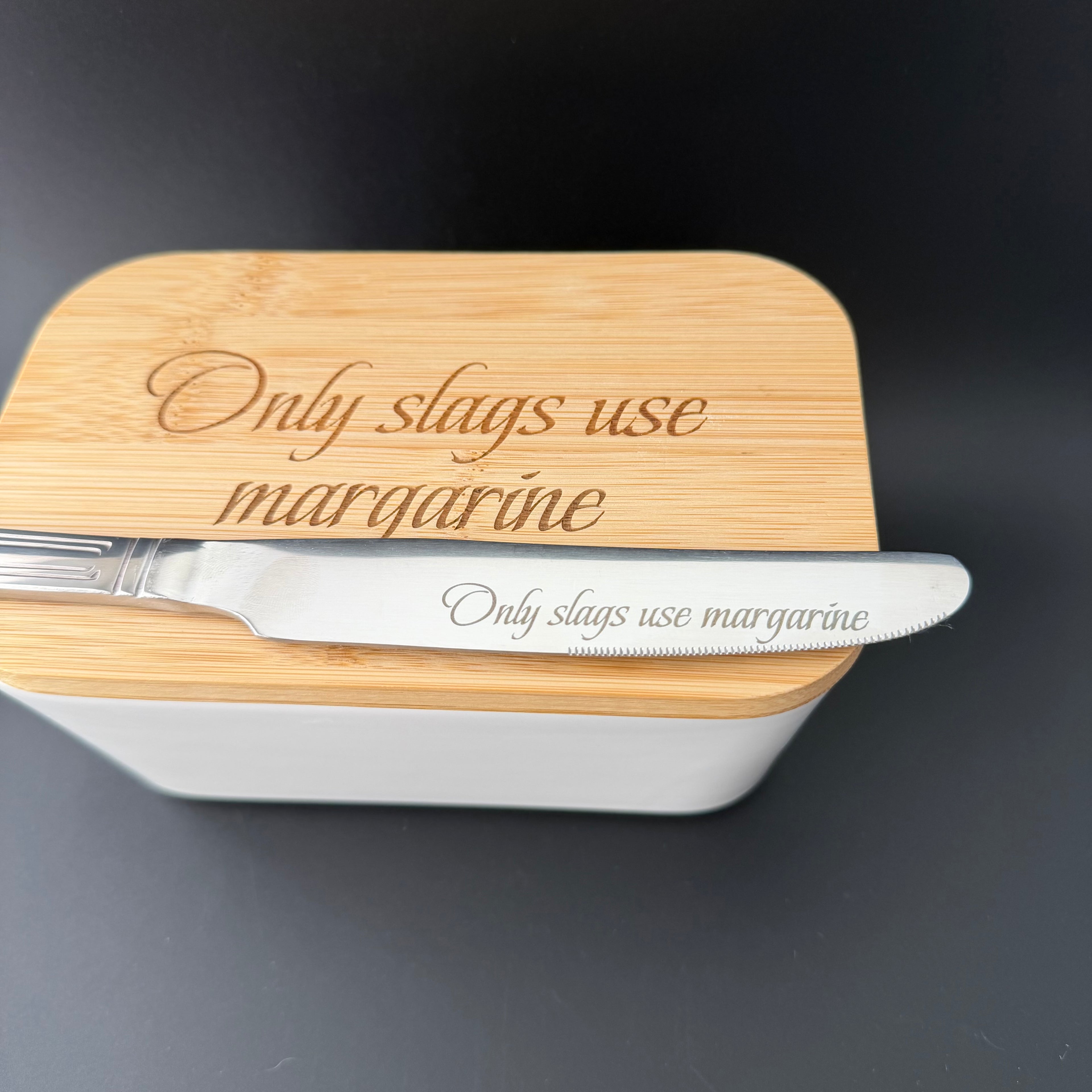 Only Slags Use Margarine Engraved Porcelain Butter Dish & Knife Set, Funny Kitchen Gift