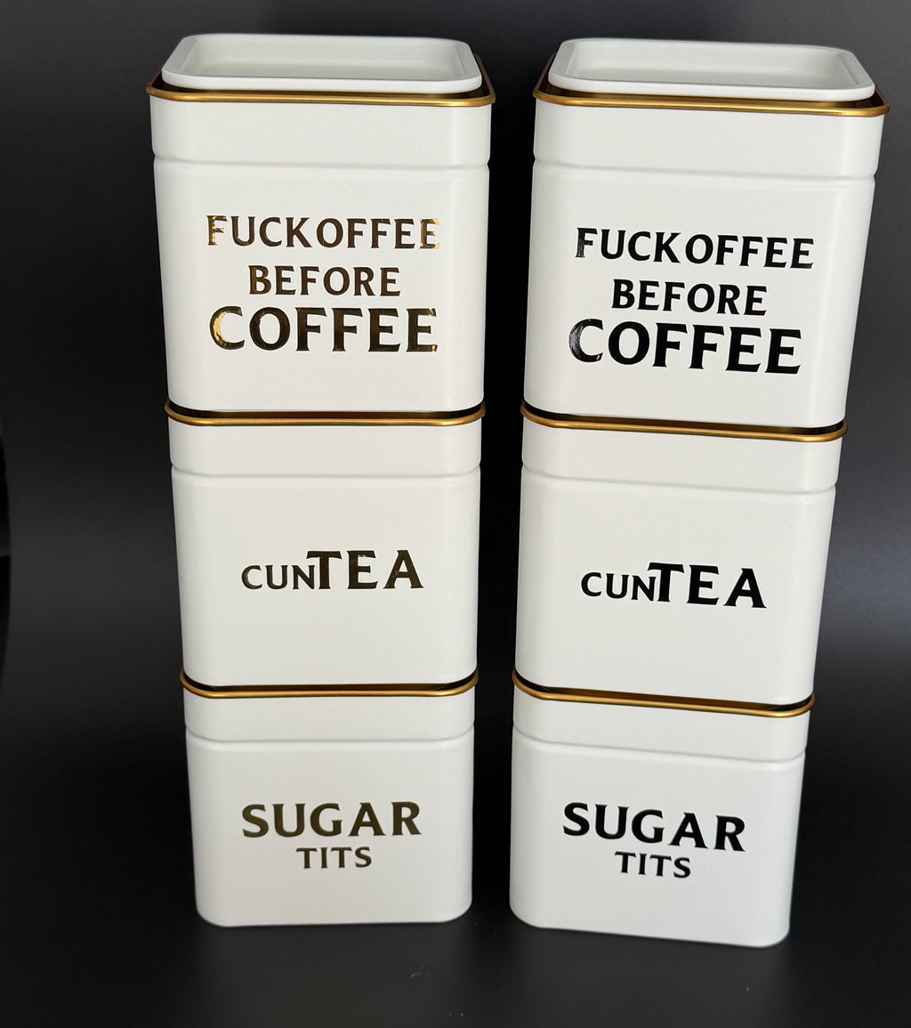 Funny Kitchen Storage Tin Set, Fuckoffee Before Coffee, Cuntea, Sugar Tits, Sweary Tea Coffee Sugar Canisters
