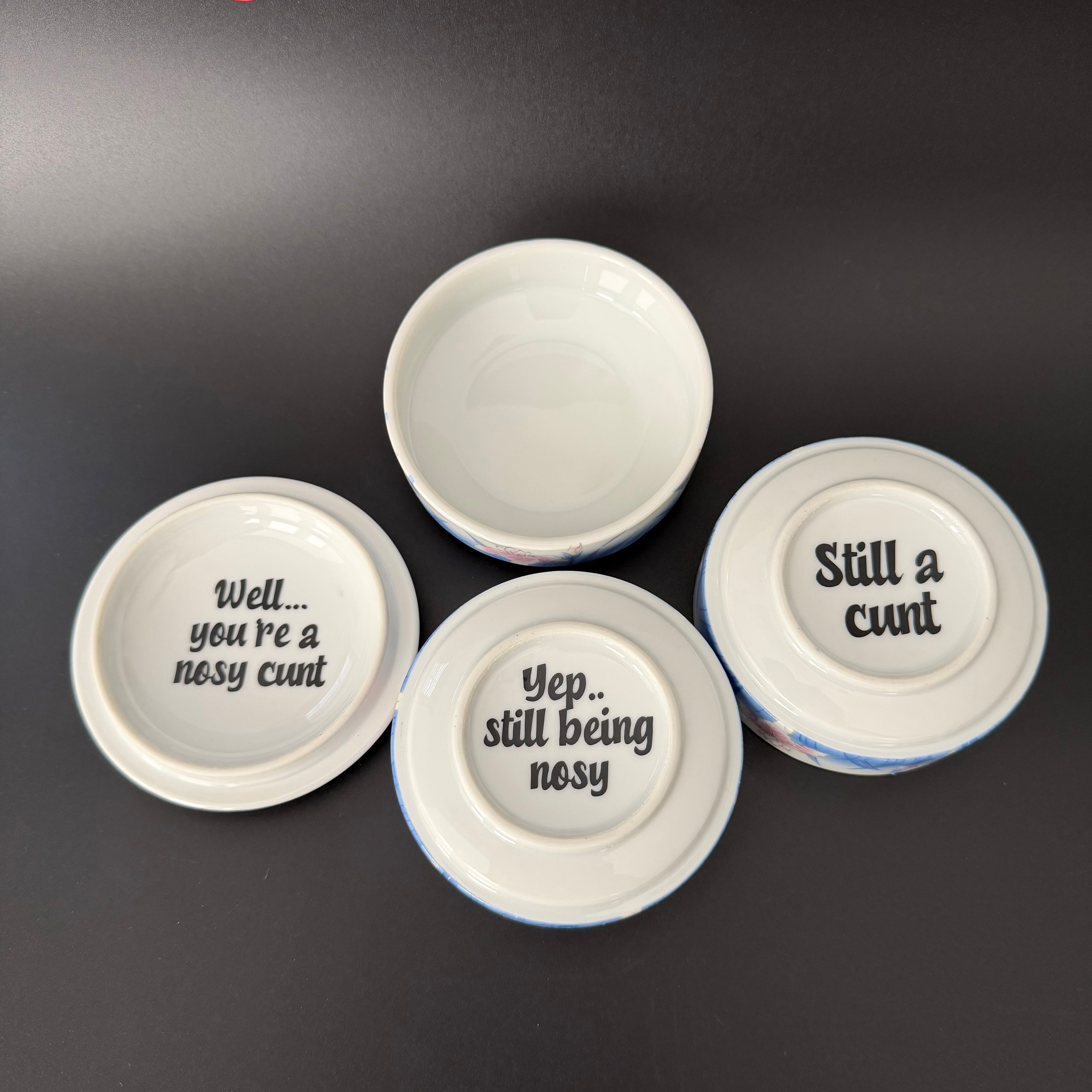 "Well You're A Nosy Cunt" Upcycled Vintage St Michael's Stacking Trinket Pots, Funny Sweary Gift