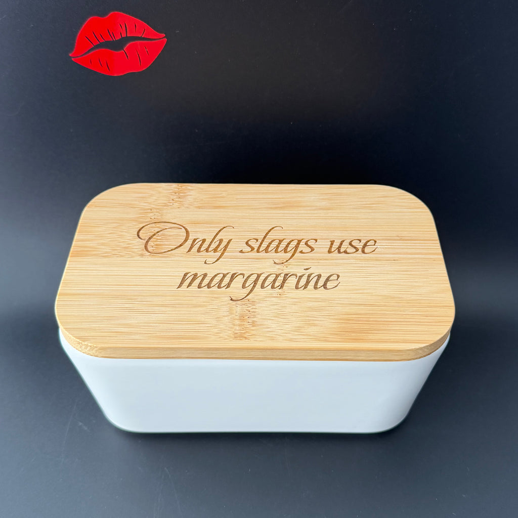 Only Slags Use Margarine Engraved Porcelain Butter Dish & Knife Set, Funny Kitchen Gift