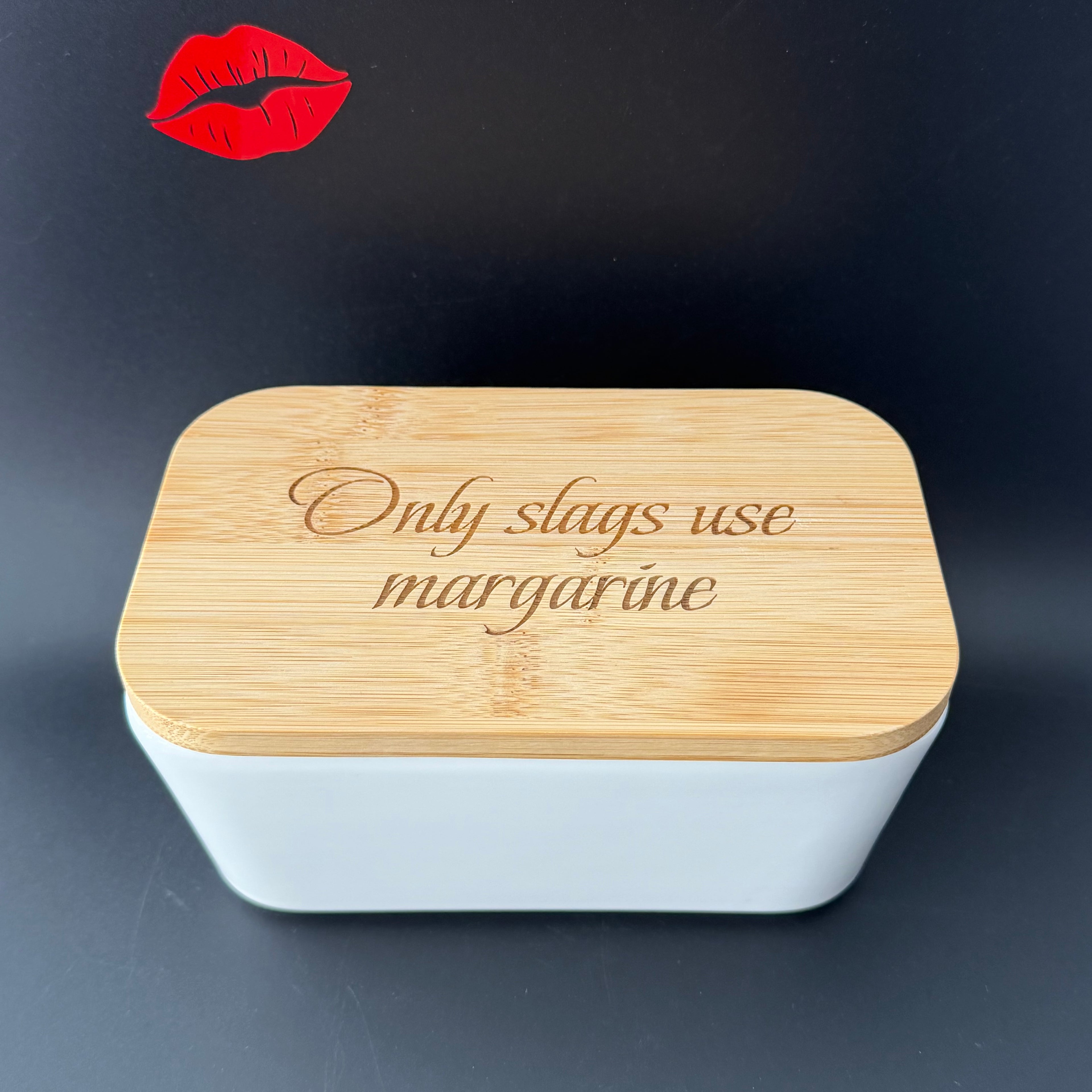 Only Slags Use Margarine Engraved Porcelain Butter Dish & Knife Set, Funny Kitchen Gift