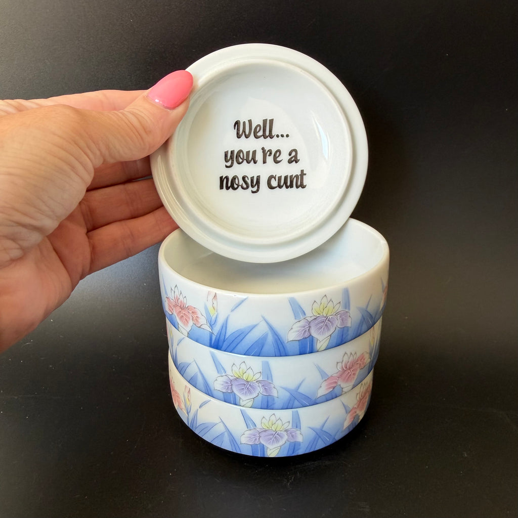 "Well You're A Nosy Cunt" Upcycled Vintage St Michael's Stacking Trinket Pots, Funny Sweary Gift