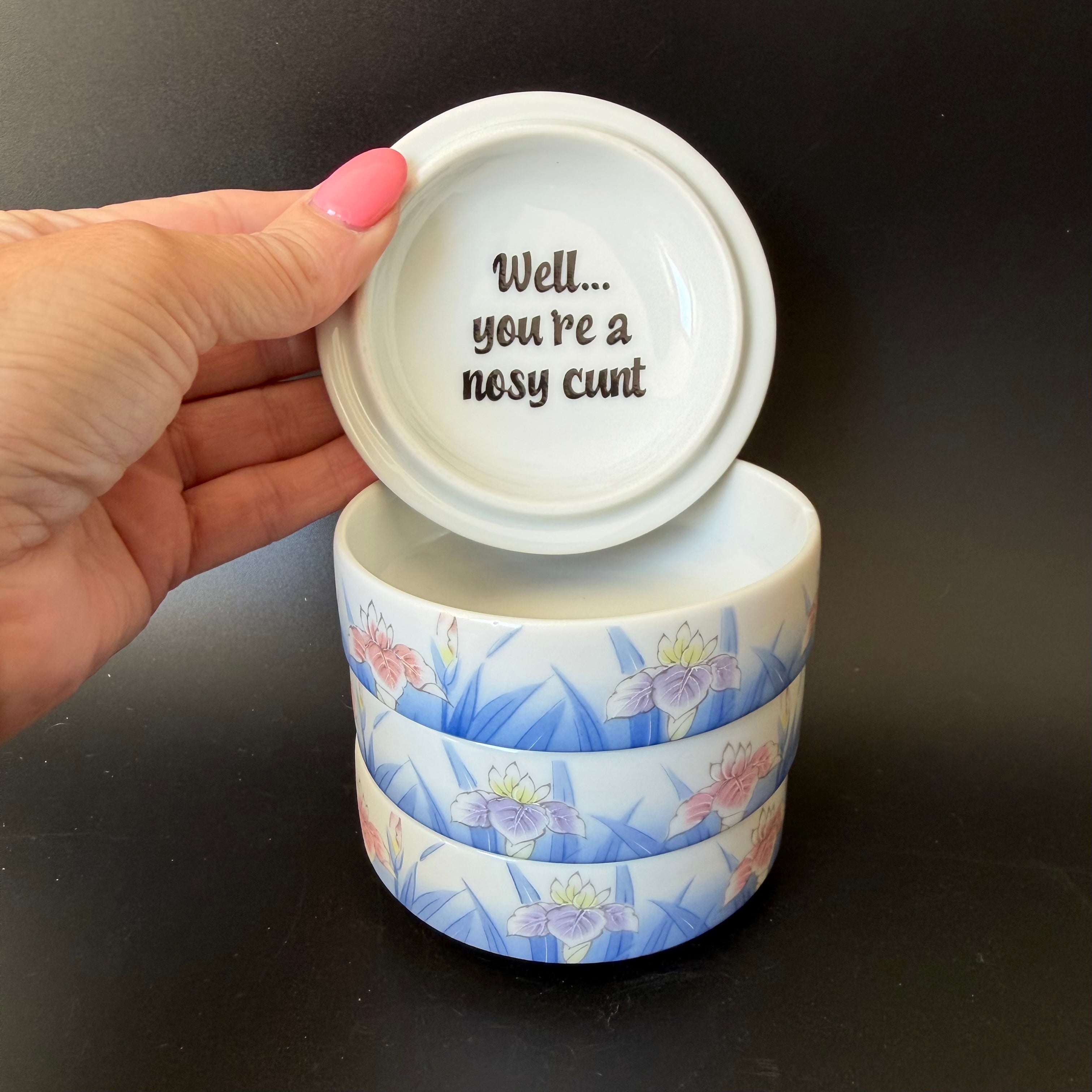 "Well You're A Nosy Cunt" Upcycled Vintage St Michael's Stacking Trinket Pots, Funny Sweary Gift