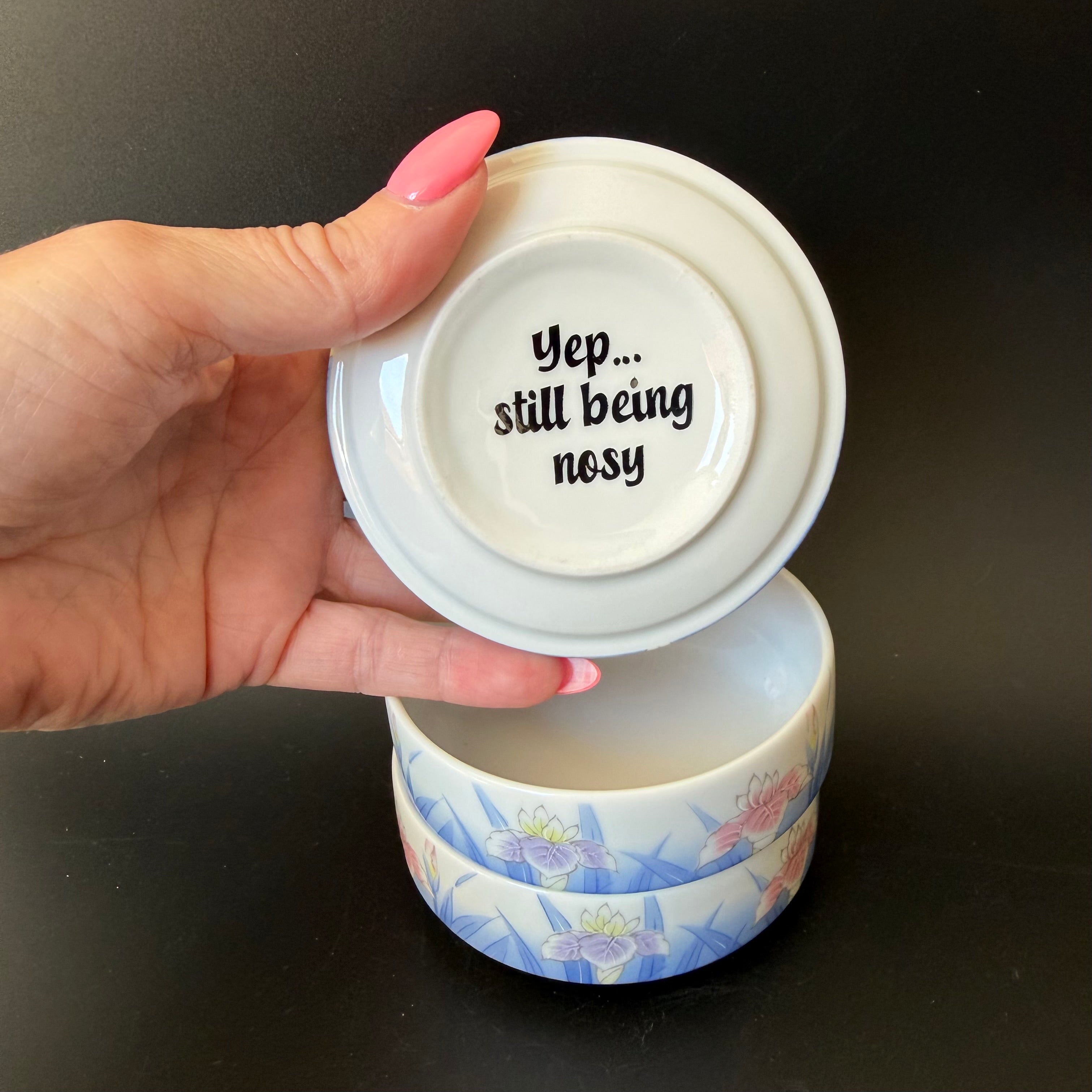 "Well You're A Nosy Cunt" Upcycled Vintage St Michael's Stacking Trinket Pots, Funny Sweary Gift